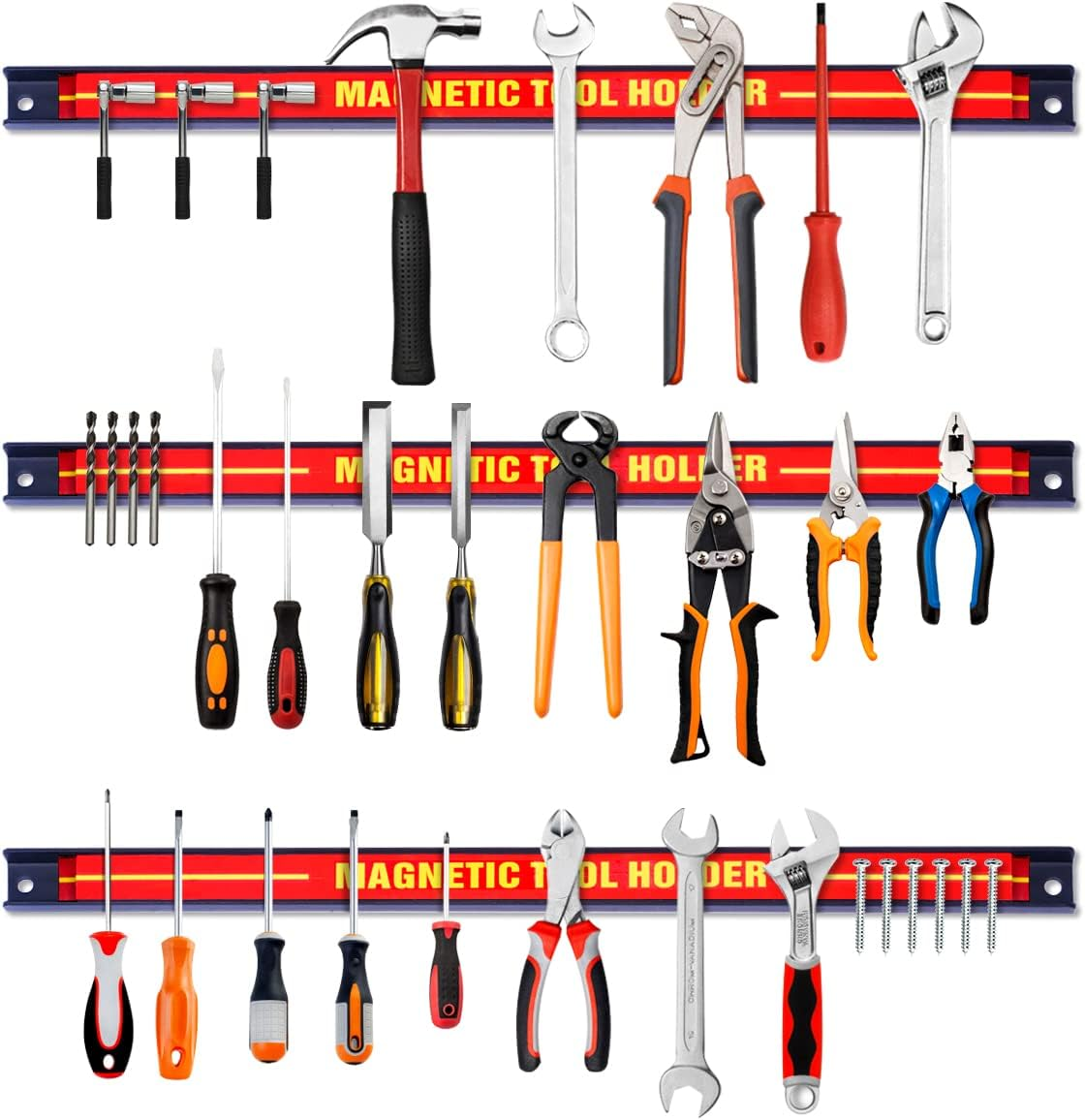 Costway Set of 3 Magnetic Tool Holder Bars, 3 PCS Metal Magnet Tool Strips, Tool Racks, Heavy-Duty Hardware Organizer Set, Measures 46 Cm in Length, Space-Saving & Strong with Wall Mounting Screws, Great for Knife, Wrench, Utensils, Garage Workshop Home