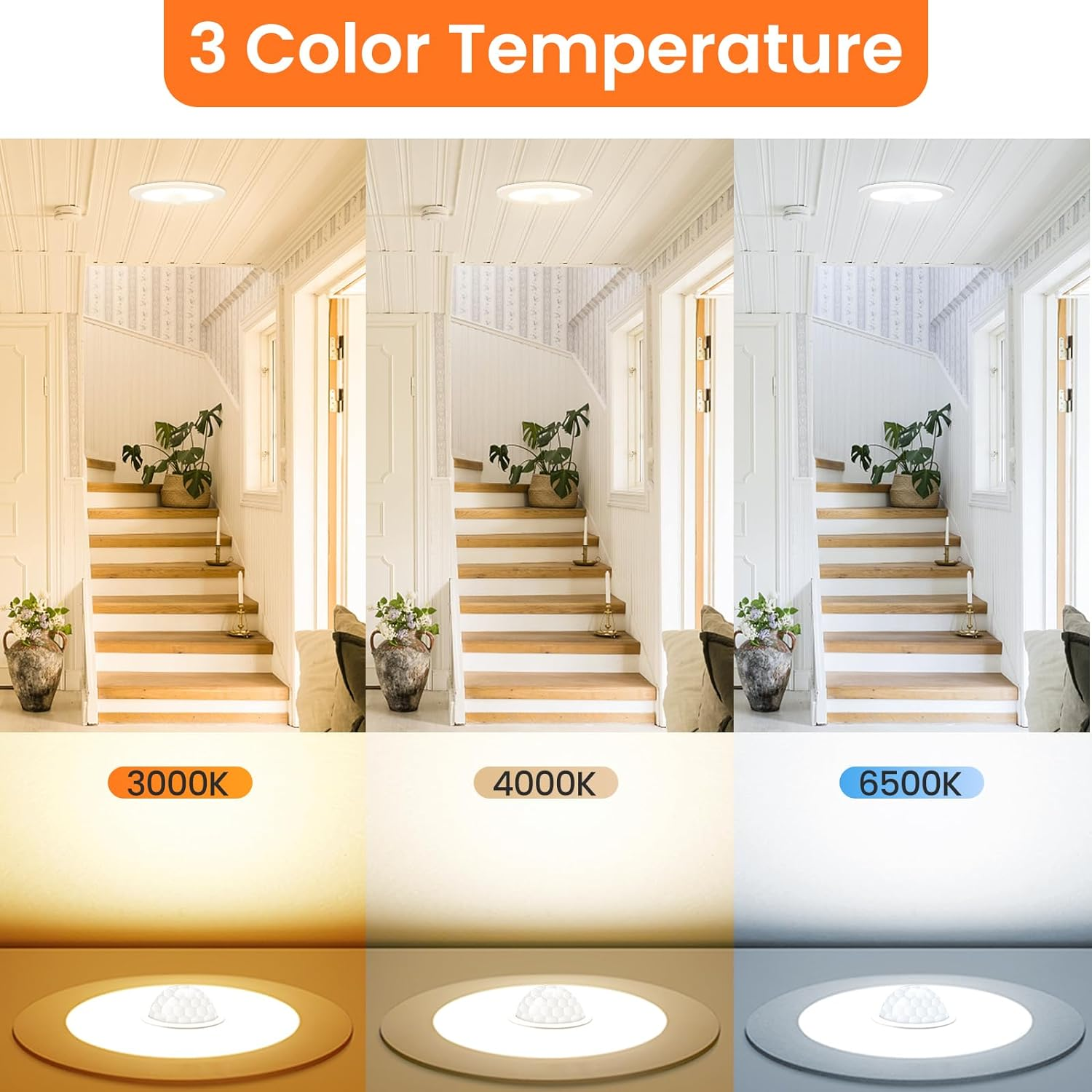 ALUSSO 12W LED Motion Sensor Downlight,3Cct 3000K 4000K 6500K 90-100Mm Cutout,Ip44 Suitable for Stairway Corridor Balcony,1 Pcs,White image number 3