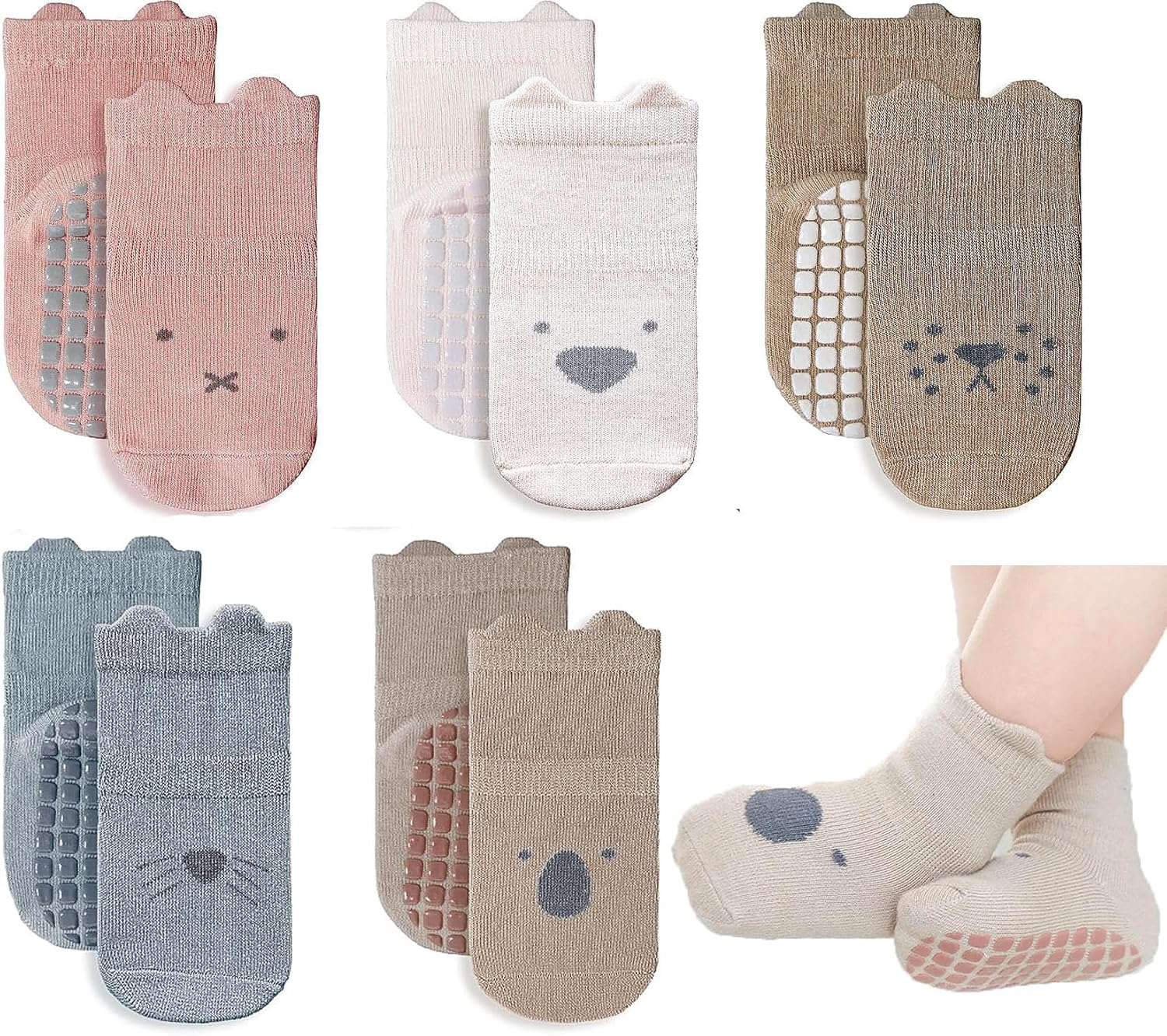 (5 Pairs- Size S/M/L) Unisex Baby Non Slip Grip Toddler Socks,H HOME-MART Breathable Infant Ankle Socks with Grips for Baby Boys Girls for 0-1/1-3/3-5Years