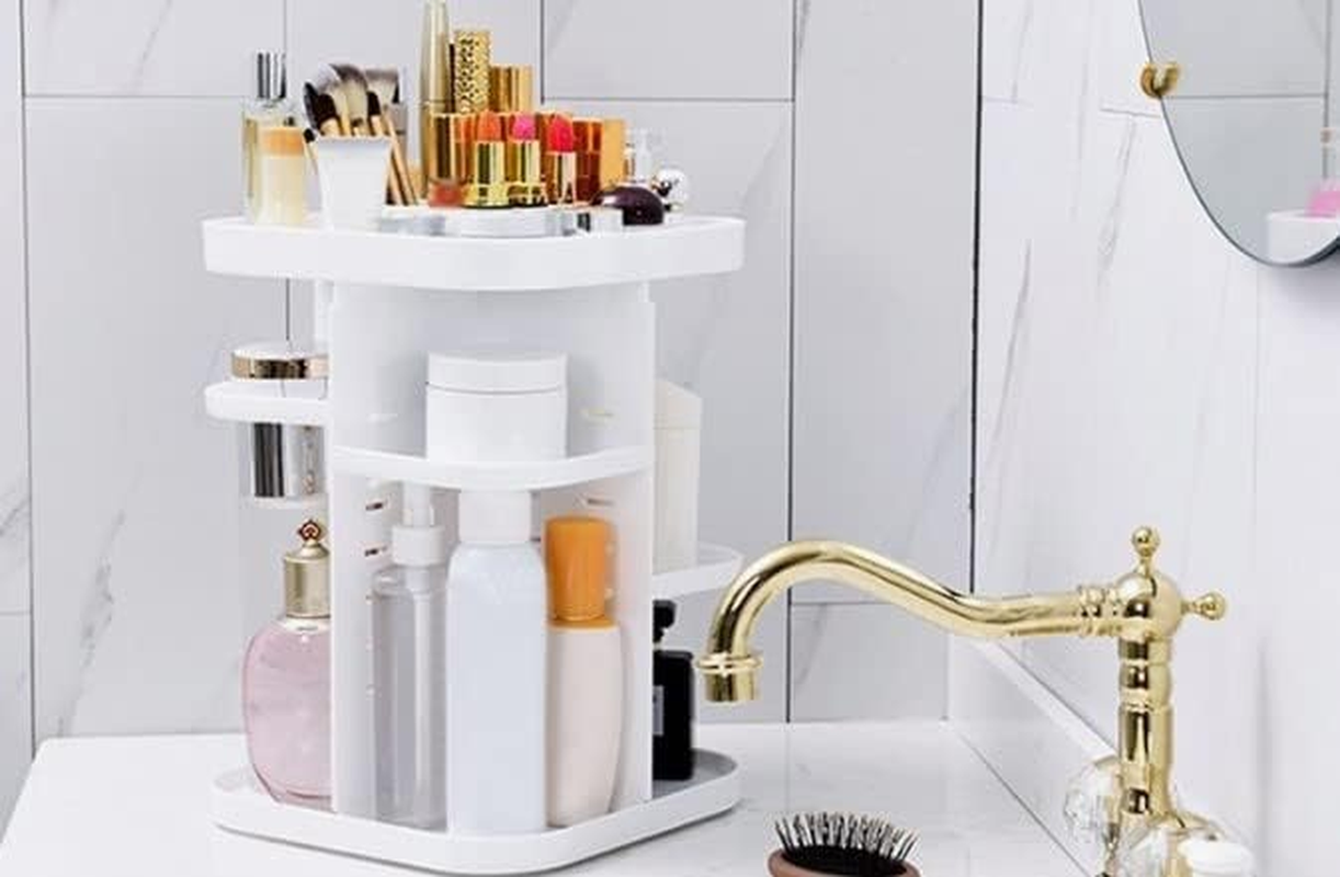 CARLA HOME 360 Rotating Makeup Organizer, DIY Adjustable Bathroom Makeup Carousel Spinning Holder Rack, Large Capacity Cosmetics Storage Box Vanity Shelf Countertop, Lipsticks (White)