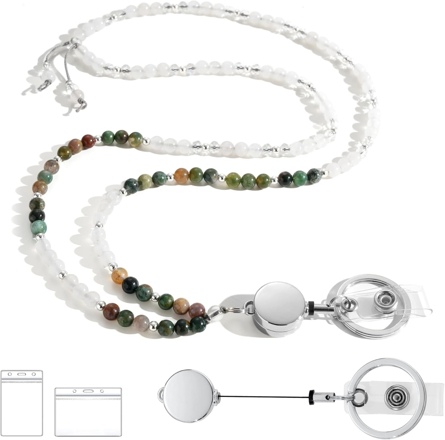 LENYNAL Lanyards for ID Badges and Keys, Natural Stone Retractable Lanyard Durable 3.0 Beaded Lanyard for Teacher Women