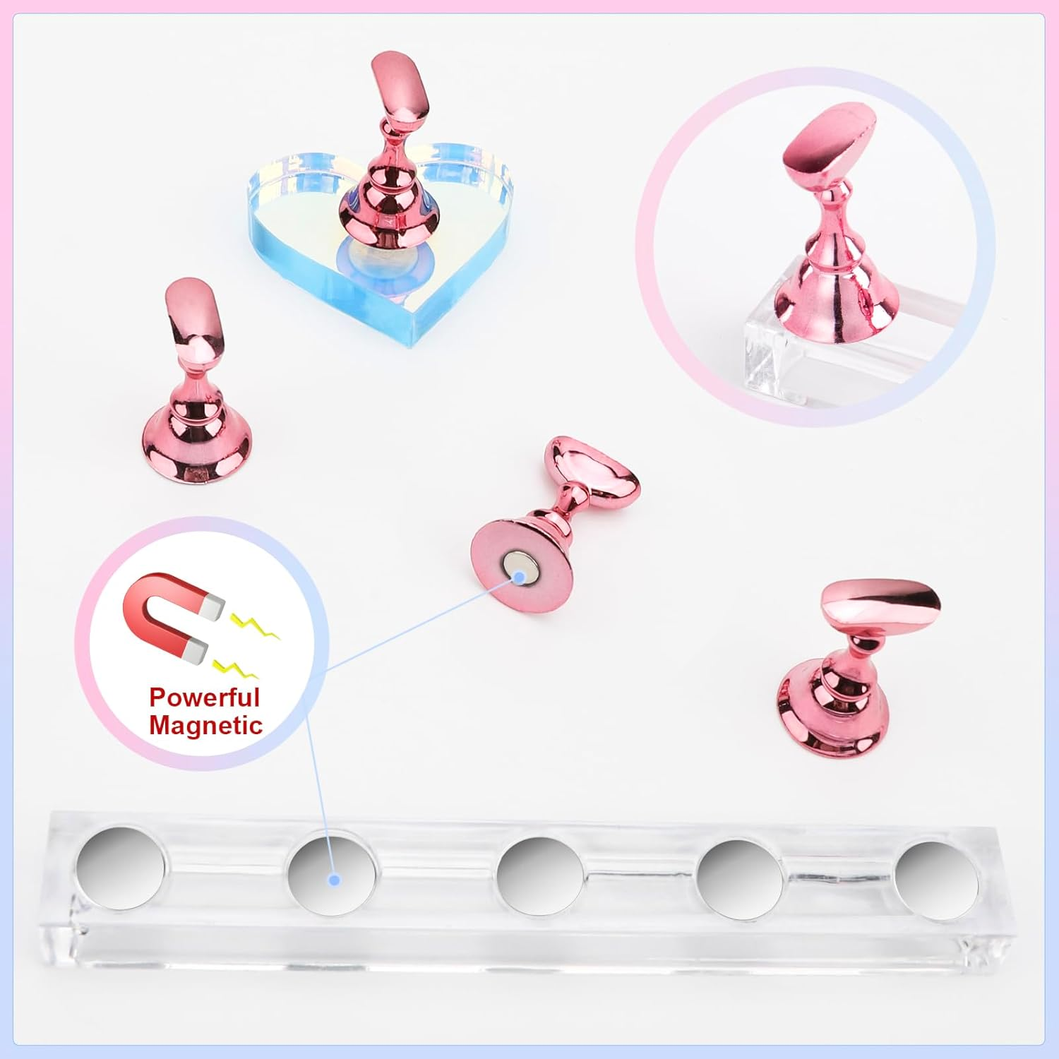 Nail Stand for Press Ons, Magnetic Fake Nail Holder for Painting Nails,Nail Stands for Nail Art with Reusable Putty Home Salon DIY Display Supplies (A-Pink) image number 2