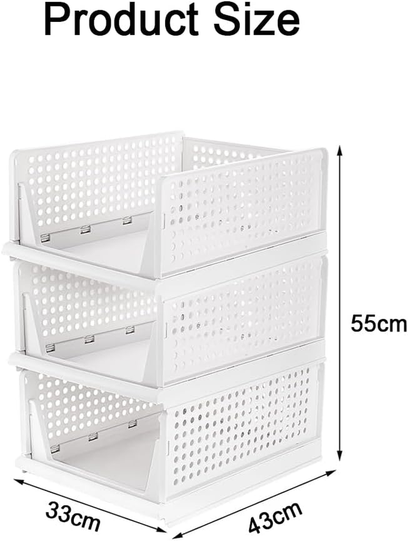 3 Pack Stackable Clothes Storage Folding Wardrobe Storage Box Basket Organizer Bins Sliding Cabinet Drawer Shelf for Wardrobe Cupboard Kitchen Bathroom Office (White)