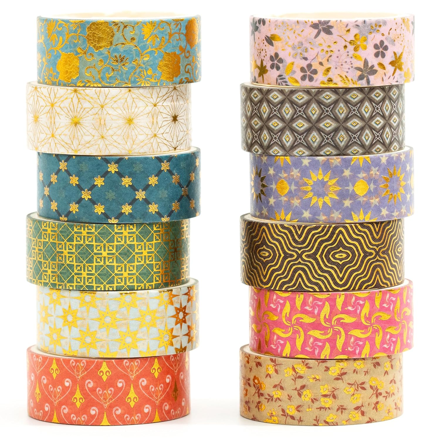 Songdao 12 Rolls Charming Washi Tape Set Gold Silver Foil Detailing Arts Adhesive Tapes Basic Patterns Decorative Masking Tape Sets for Craft, Kids, Scrapbook, DIY, Gift Wrapping (Whimsical Pastels)