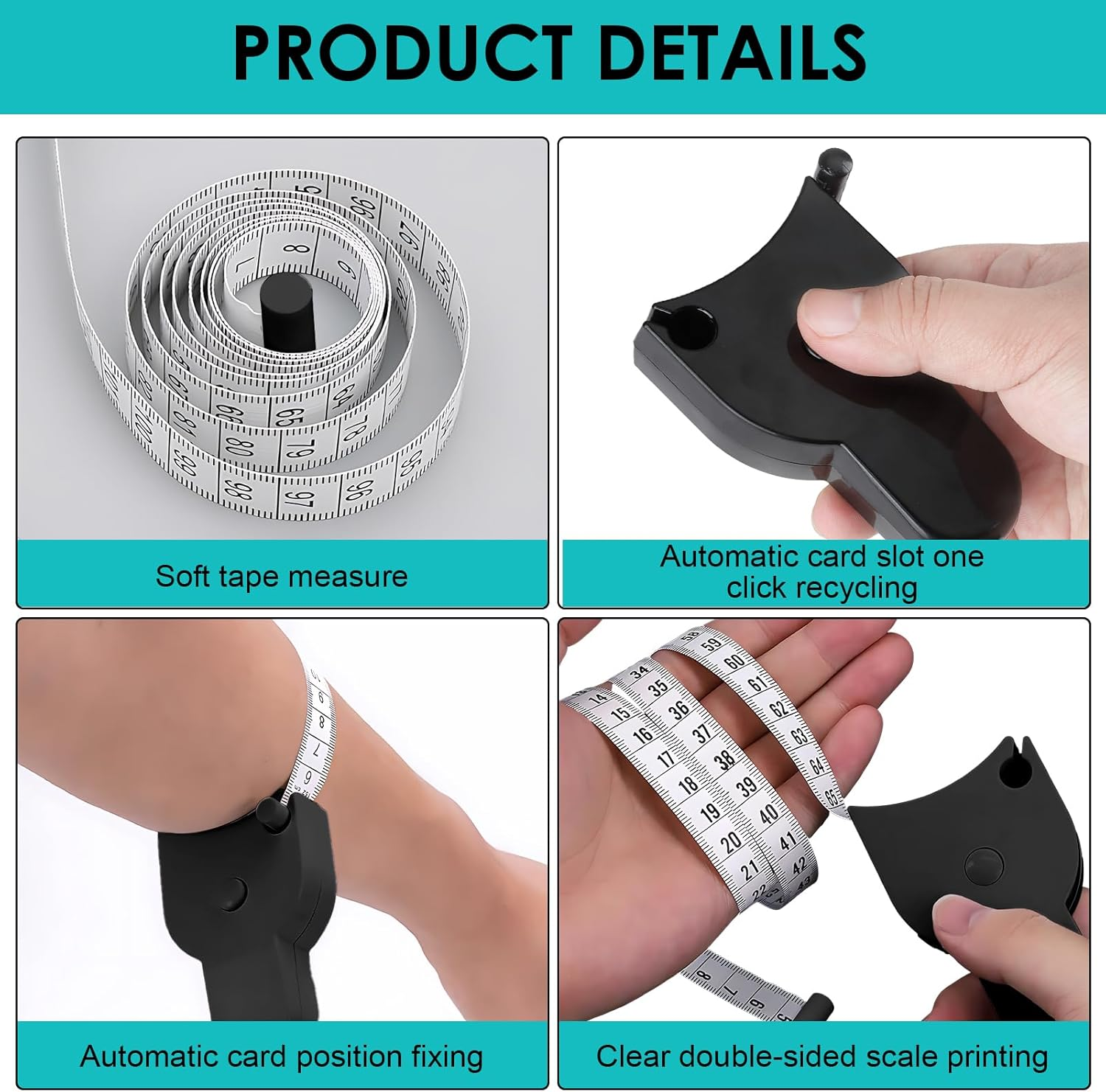 Body Tape Measure, Self-Tightening Rebound Body Measurement Ruler 60 Inches (150Cm), Measuring Tools Suitable for Clothing Customization & Health Management for Tailor Fitness Coaches(Black) (Black) image number 4