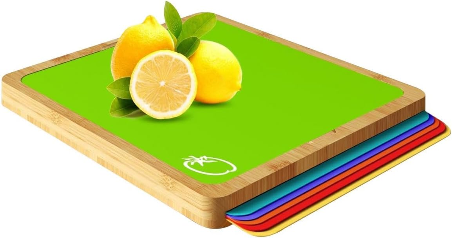 Large Bamboo Chopping Board with 6 Color-Mats, Flexible Colour Coded Cutting Boards Mats Set with Food Icons & Easy-Grip Handles, for Bread, Vegetables, Fruits, Meats, Fish image number 4