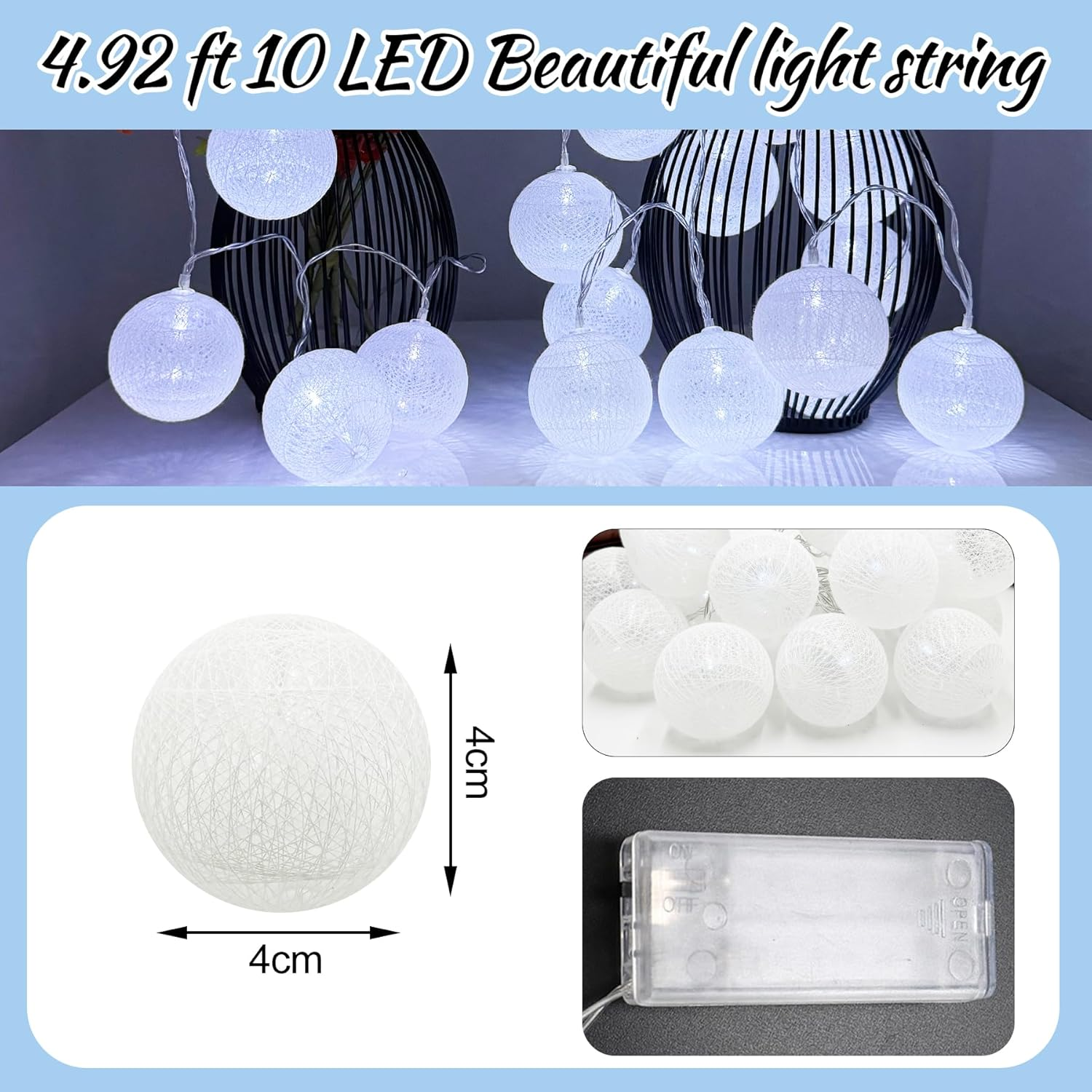 LED Fairy Lights Cotton Balls, 1.5 M 10 LED Balls Fairy Lights, Battery Operated, Cotton Ball Fairy Lights for Christmas, Wedding, Children'S Room, Party Decoration image number 2