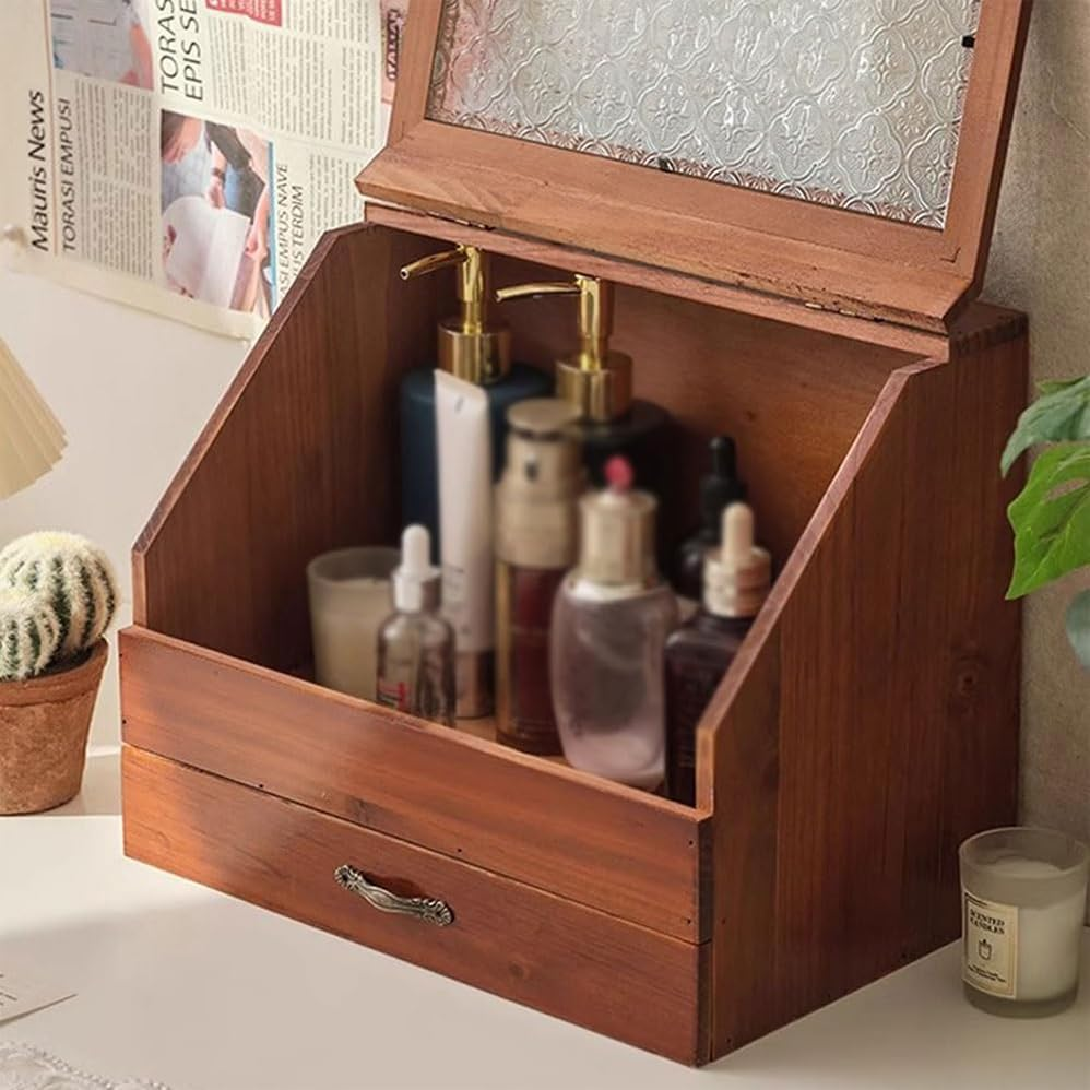 2 Tier Countertop Display Cabinet,Vintage Tabletop Organizer with Drawer Glass Top Compartment,Cosmetic Display Case with Drawer,Waterproof and Dustproof Transparent Cover,Wooden Desktop Storage Box image number 1