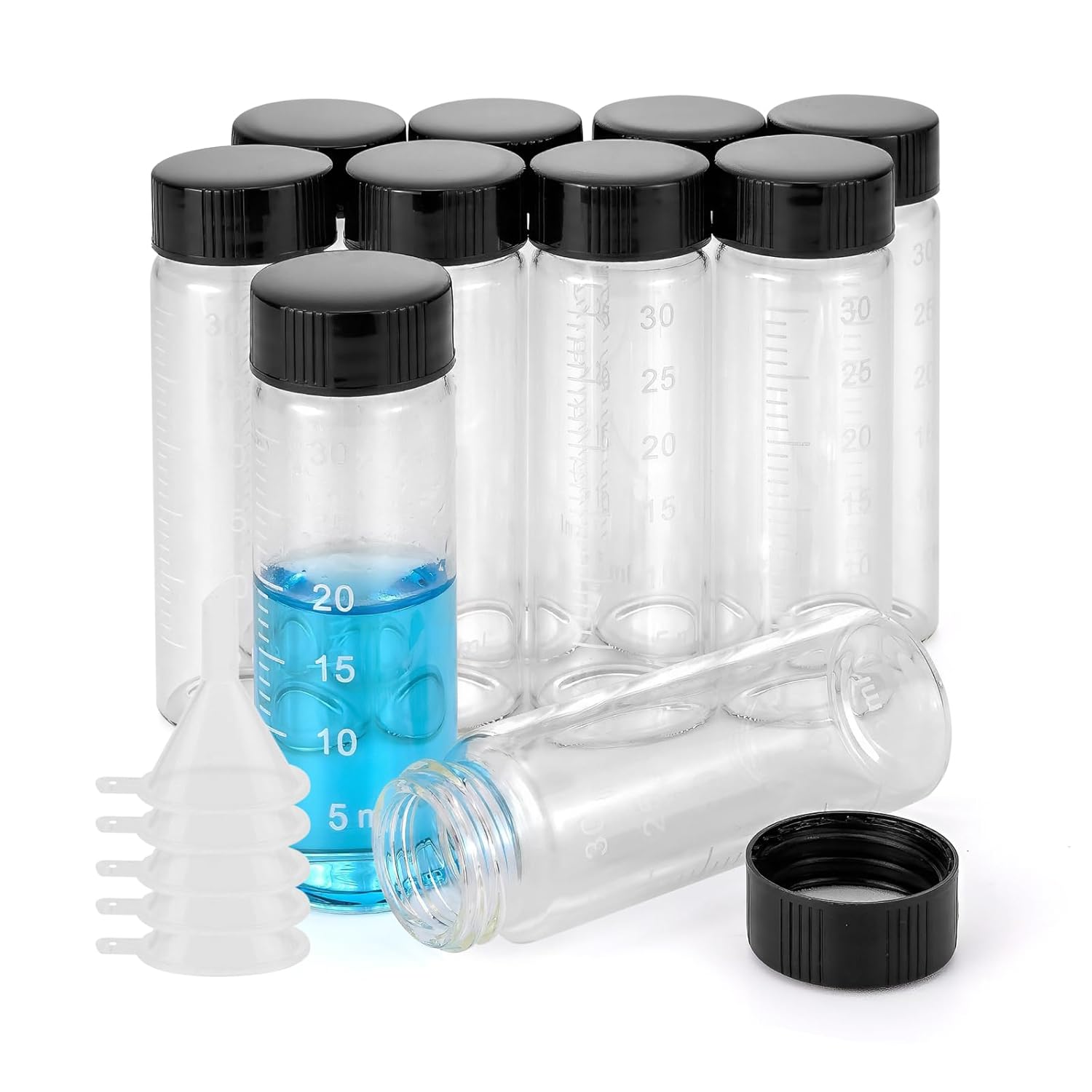 Kesell 10 Pack 30Ml (1 Oz) Glass Sample Vial Clear Graduated Measuring Bottles Empty Reusable Liquid Vials with Plastic Screw Cap and 10 Funnels image number 5