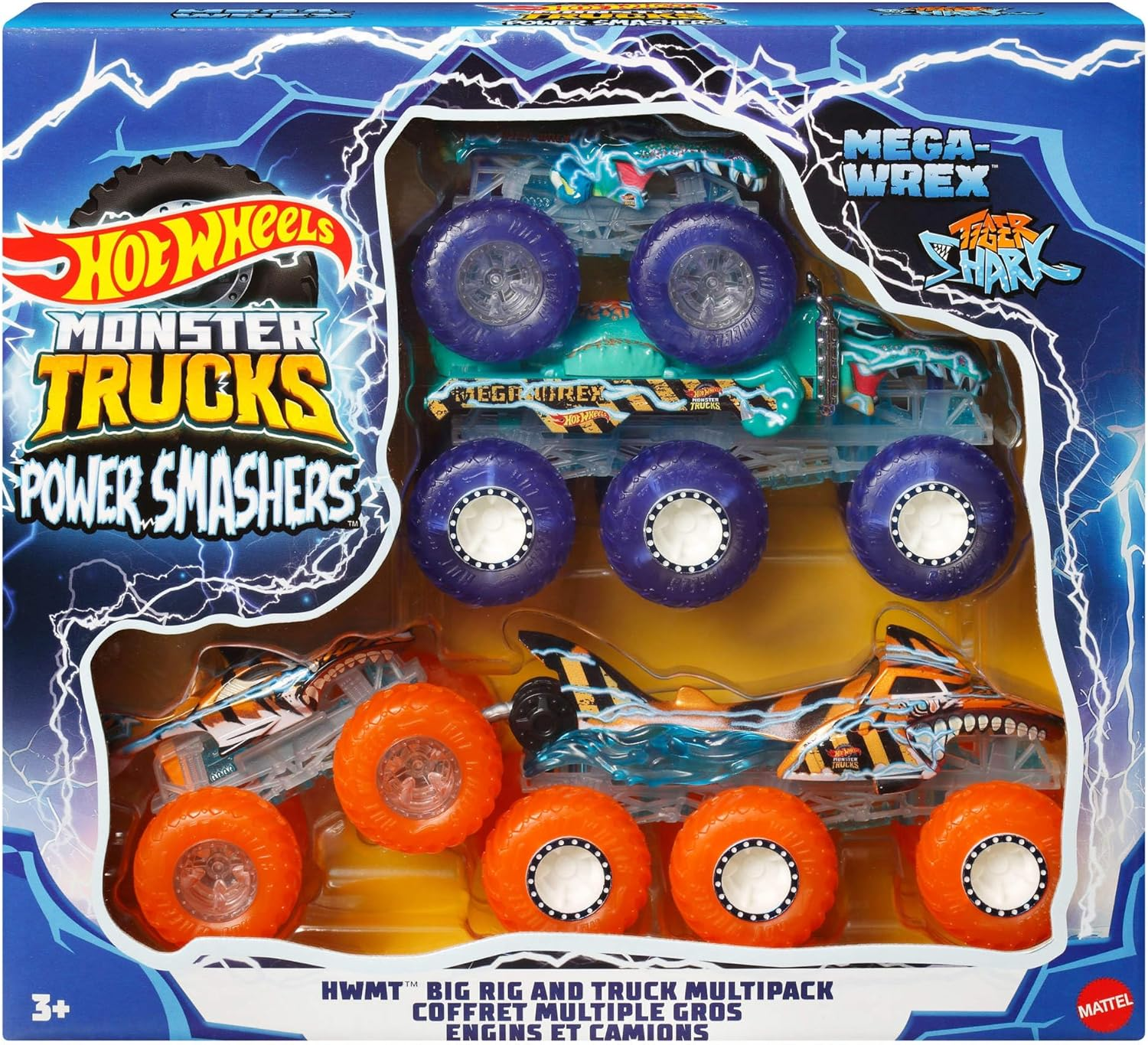 Hot Wheels Monster Trucks Toy Truck & Big Rig Multipack, Mega Wrex & Tiger Shark in 1:64 Scale with Big Rigs in Matching Power Smashers Decoration, HYJ29