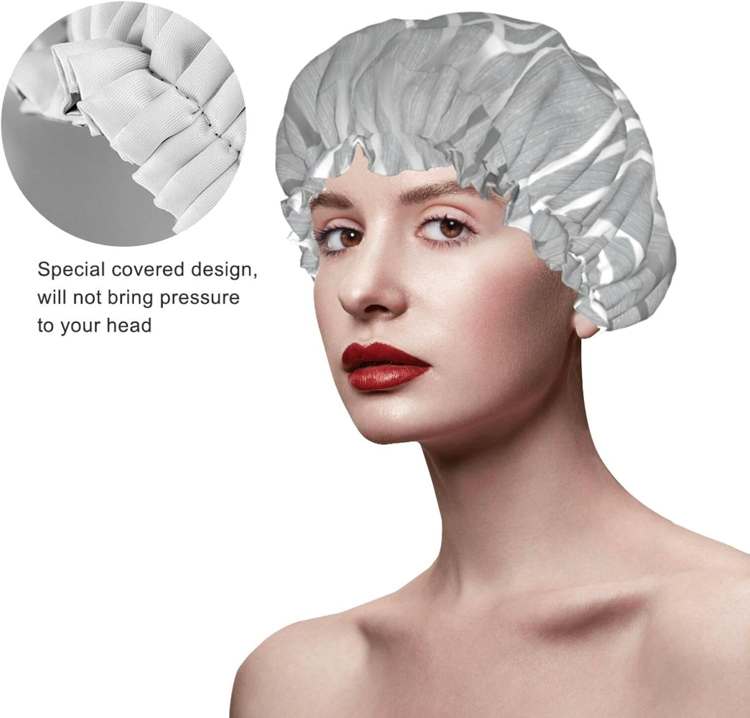 Silver Geometric Figure Print Shower Cap for Women Lightweight Reusable Softdouble Waterproof Layers Leakproof. image number 5