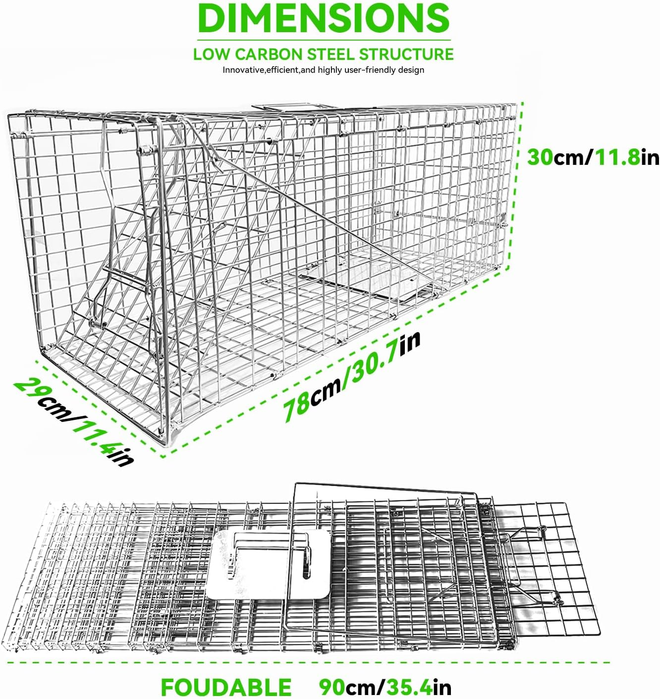 Live Animal Cage Trap, 78X30X29Cm Heavy Duty Folding Raccoon Traps, Humane Cat Trap for Stray Cats, Raccoons, Squirrel, Skunk, Mole, Groundhog, Armadillo, Rabbit, Catch and Release