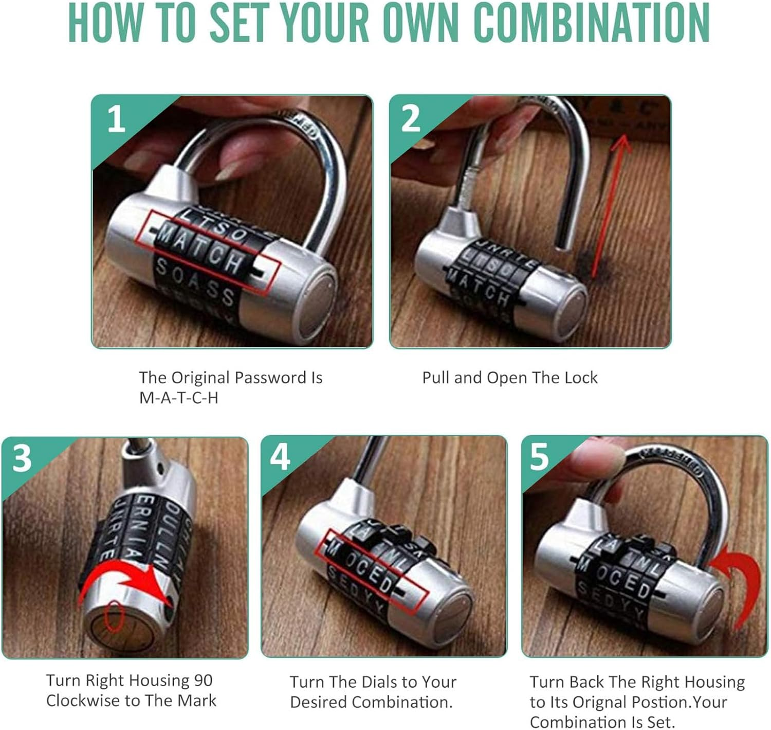 Combination Lock, 5 Letter Combination Padlock, Luggage Lock, Travel Lock, Safety Padlock Keyless Resettable Metal Lock for School Gym Locker, Sports Locker, Fence, Toolbox, Case, Hasp Storage image number 4