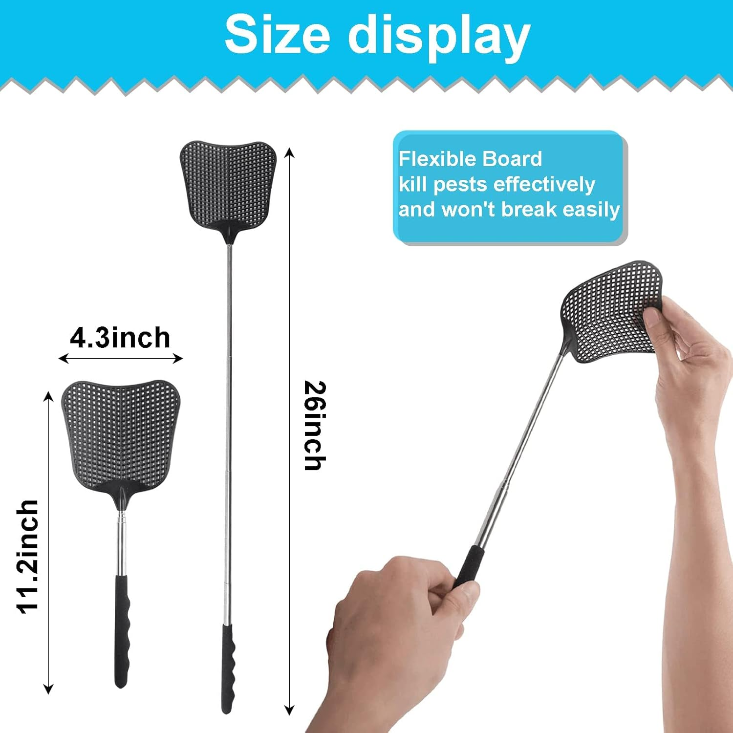 Fly Swatter, 2 Pcs Telescopic Plastic Fly Swatter, Fly Pest Swatter, Flyswatter with Stainless Steel Handle for Indoor Outdoor Classroom Office, Black image number 4