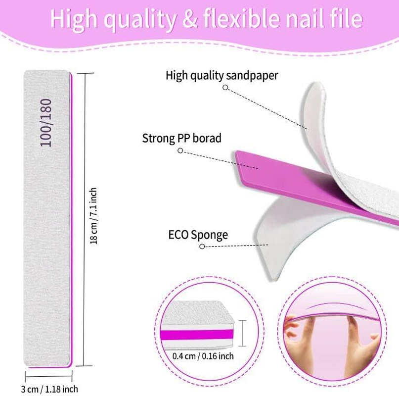 Nail File 100/180 Grit Professional Reusable 12 PCS Double Sides Washable Nail Files for Acrylic and Natural Nails Manicure Tools Suit for Home Salon image number 5