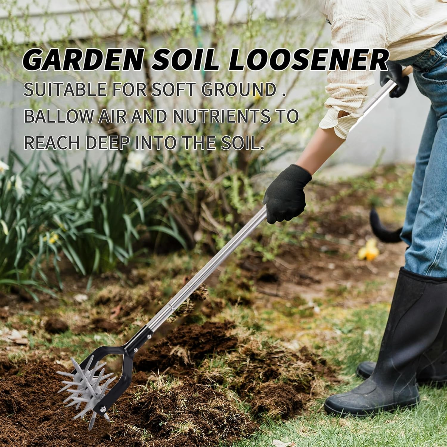 BARAYSTUS Rotary Cultivator Tool, Adjustable Garden Hand Tiller Cultivator, Long Handle Rotary Cultivator, Aerate, Weed, Plant, Garden Cultivator for Soil Mixing or Reseeding Grass image number 1