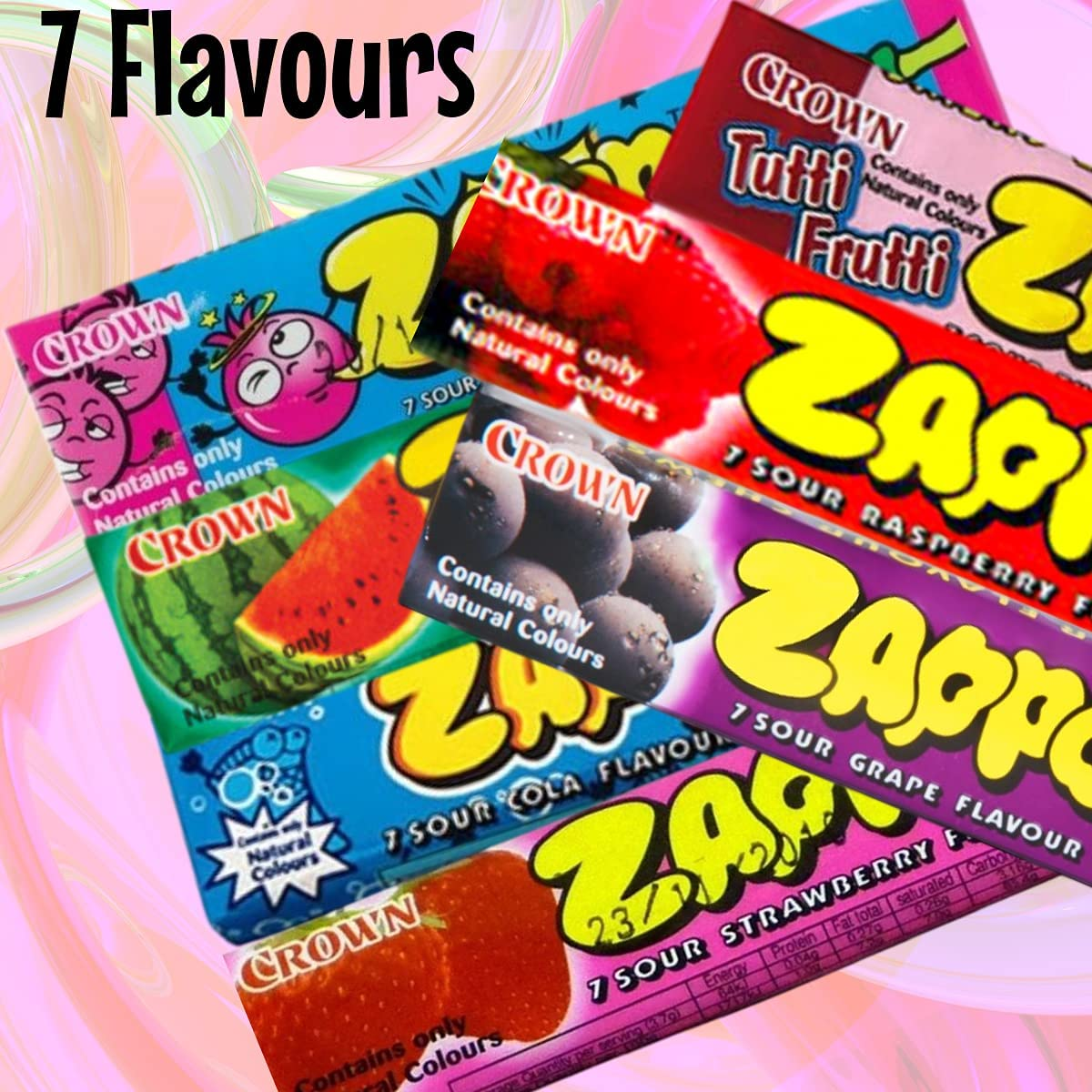 Zappo Chews Variety Pack - 21 Assorted Flavours - All-Natural Coloured Chews - 26G per Pack - Bulk Value Pack for Parties, Holidays, Games and Movie Nights, and Halloween Treats - Classic Sweets in a Box image number 1