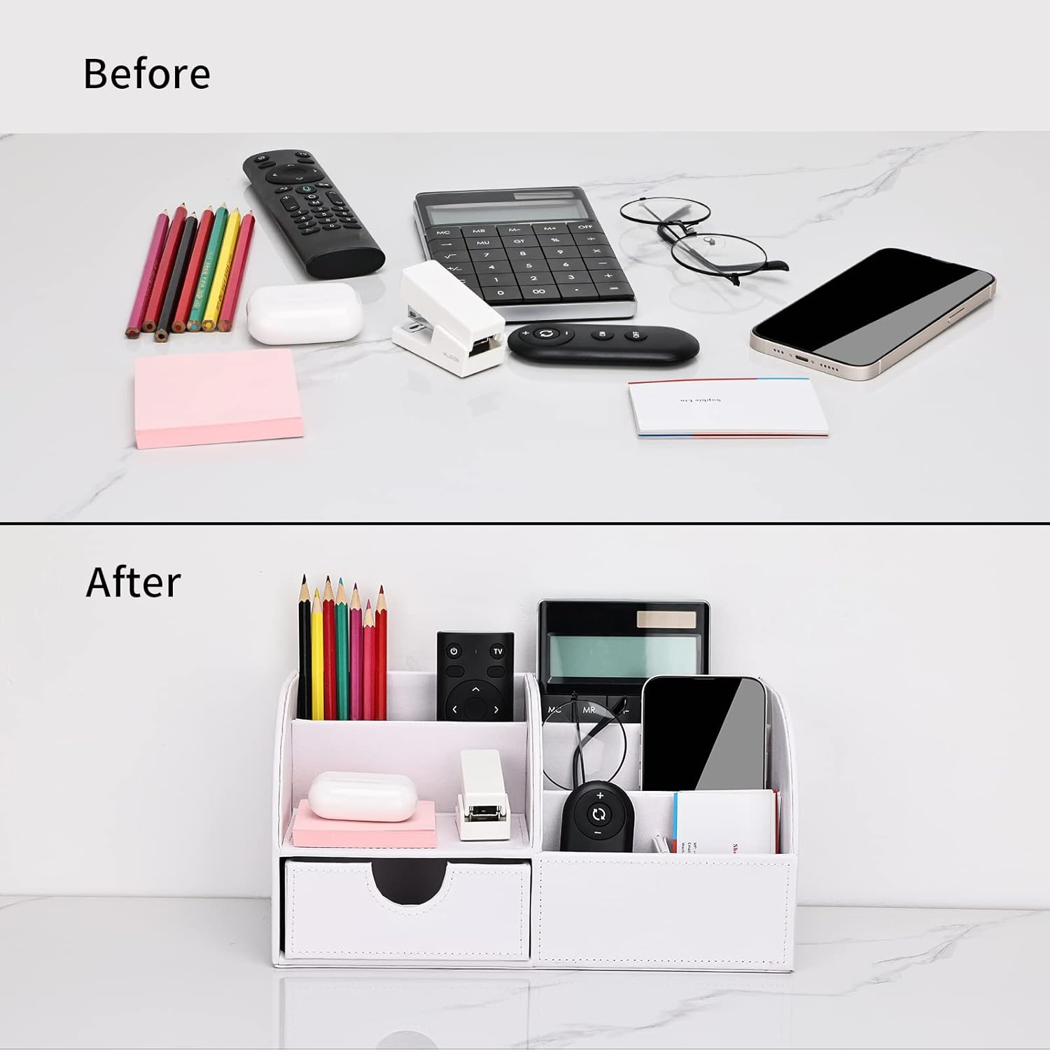 KINGFOM Pu Leather Desk Organizer Pen Pencil Holder Office Supplies Caddy Storage Box 6 Compartments with Drawer White (Full Pu Leather) image number 1