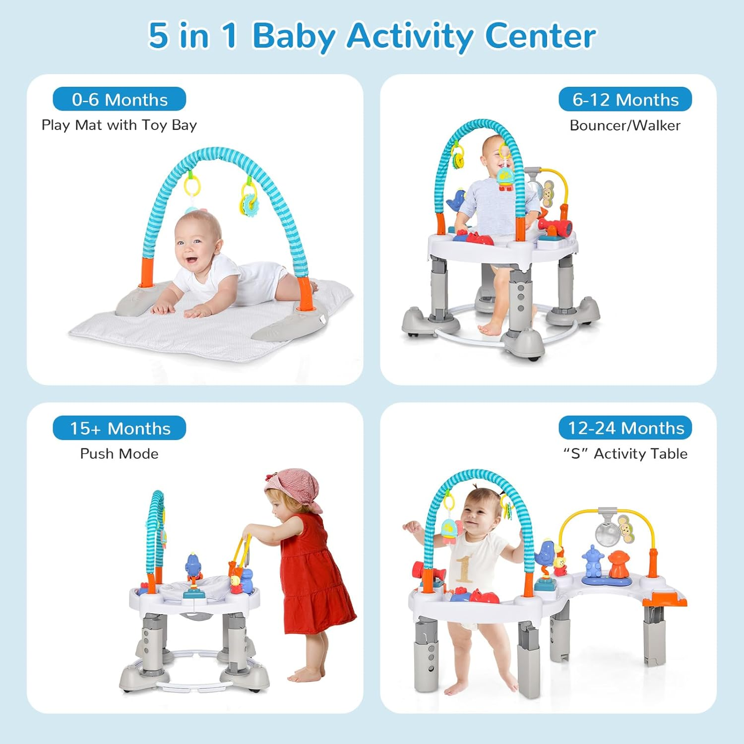 INFANS Baby Bouncer Activity Center, 5 in 1 Toddler Bouncing Activity Saucer Playtime Mat Activity Table with 360&deg;Rotating Seat, 3 Adjustable Height, Foldable Exersaucer Learning Walker (Light Grey) image number 5