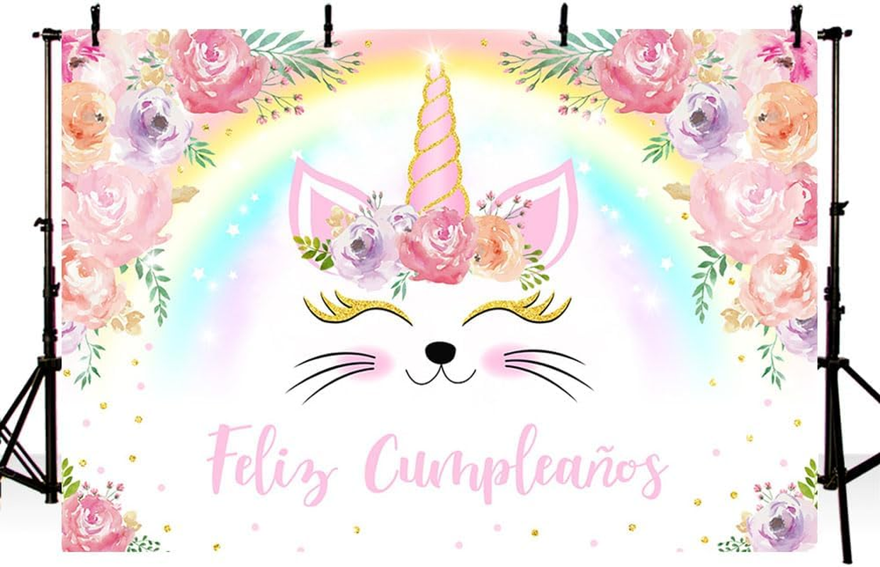 AIBIIN Unicorn Birthday Backdrop Girls Pastel Rainbow Flowers Unicorn Glitter Stars Dots Happy Birthday Party Banner Photo Props 7X5Ft image number 1