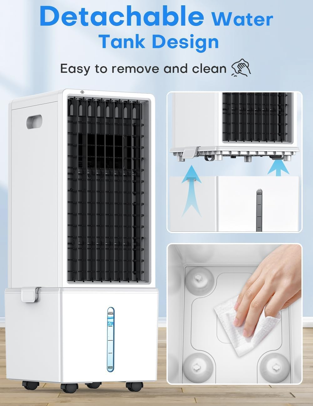 Evaporative Air Conditioner, 4-IN-1 Air Cooler Fan W/12L Tank for 24H Cooling, 4 Speeds & 4 Modes, LED Display, Waterless Alert System & 12H Timer, Remote, Portable Air Conditioner for Room image number 2