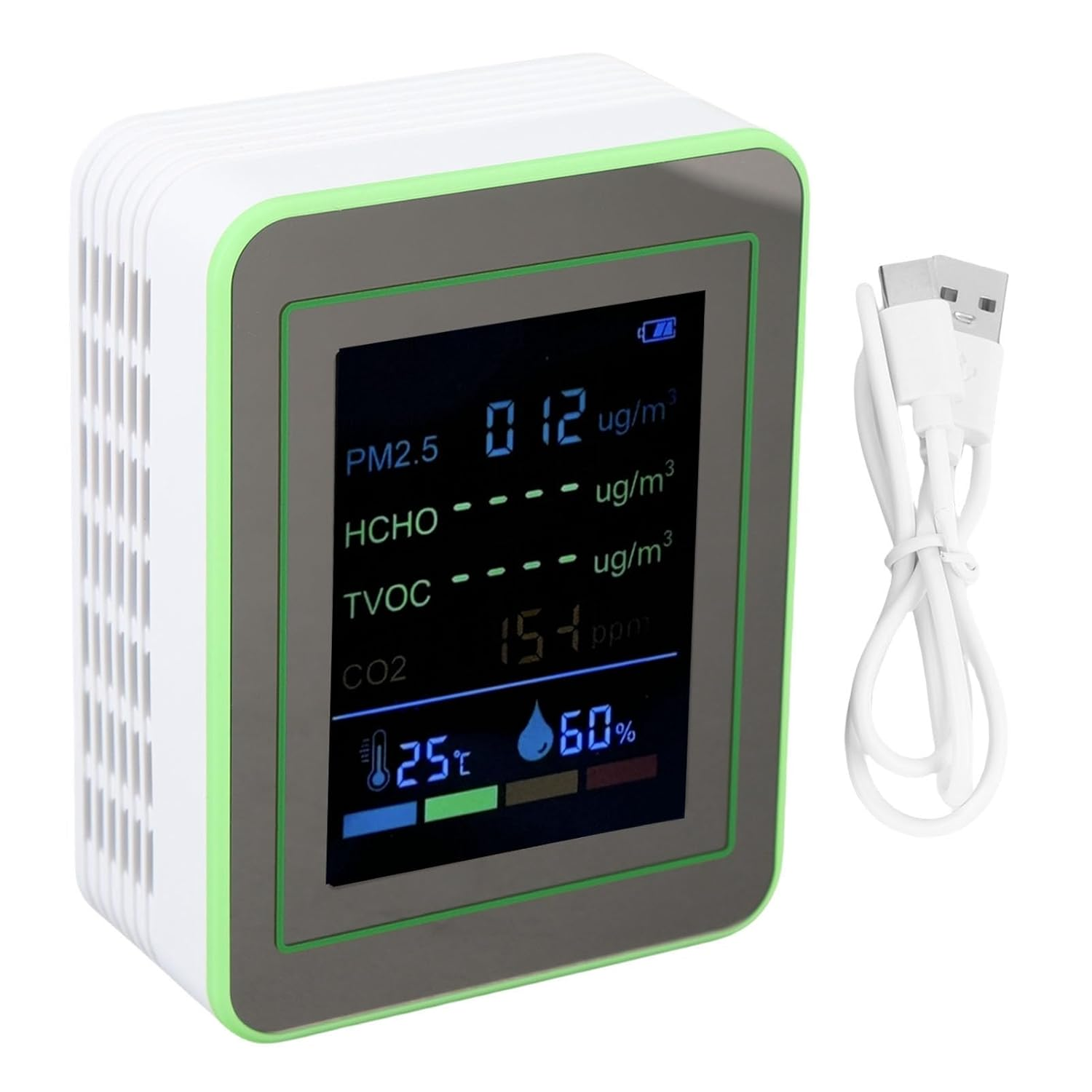 Jectse Smart Air Quality Meter Compact 6 in 1 CO2 PM2.5 HCHO TVOC Temp Humid Tester for Real-Time Detection (White and Green) - White And Green image number 6