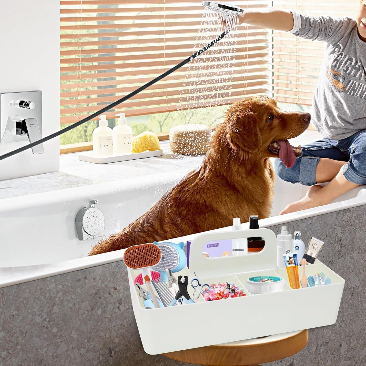 Stackable Multipurpose Organizer Caddy - Storage for Dog Grooming Supplies, Desk Accessories, Pens & Pencils, Bathroom & Dorm Room Essentials with Adjustable Compartments image number 1