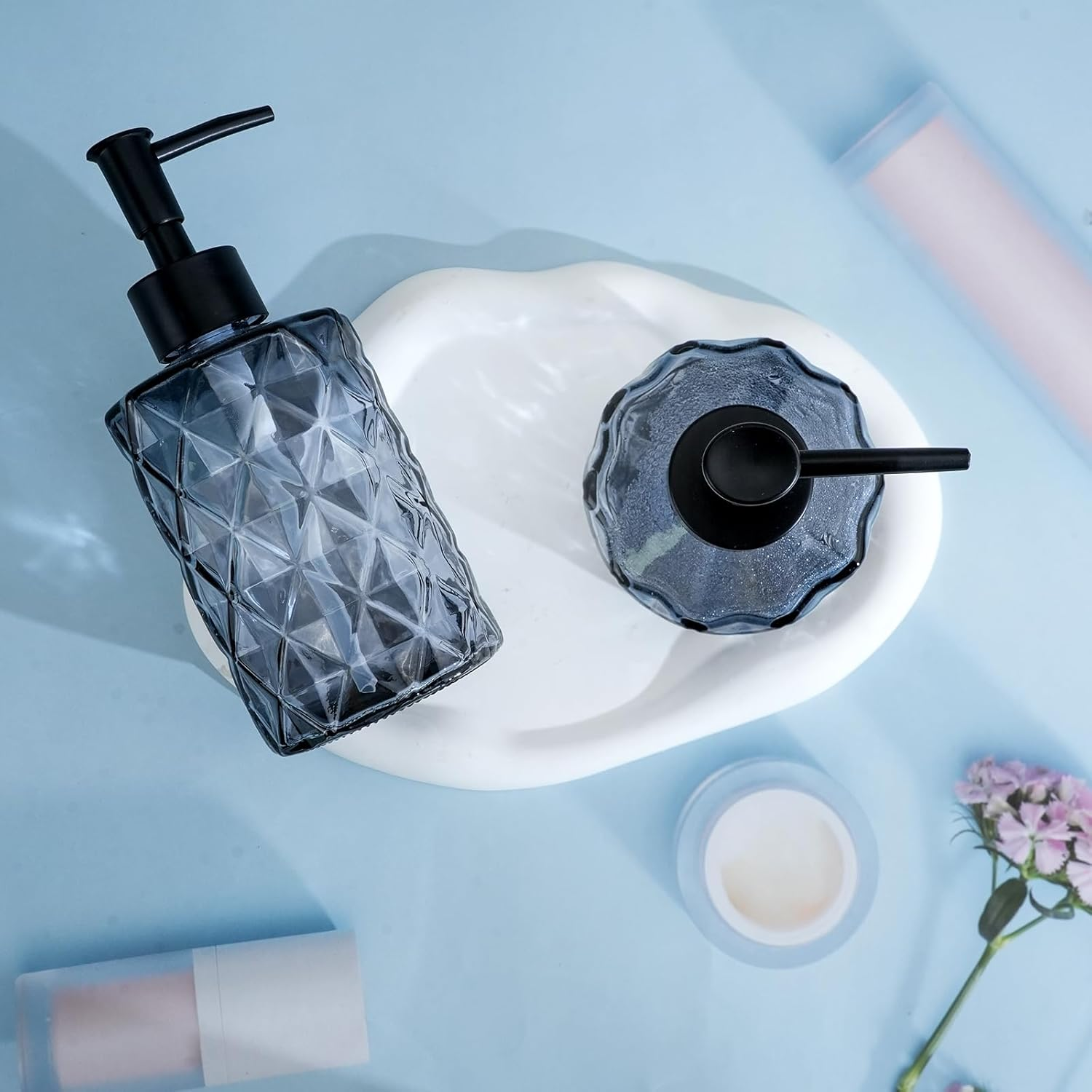 3Pcs 11Oz Glass Soap Dispenser with Plastic Pump, Diamond Design Kitchen Bathroom Soap Dispenser, Refillable Liquid Glass Soap Dispenser for Hand Soap, Soap, Lotion (Black) image number 2