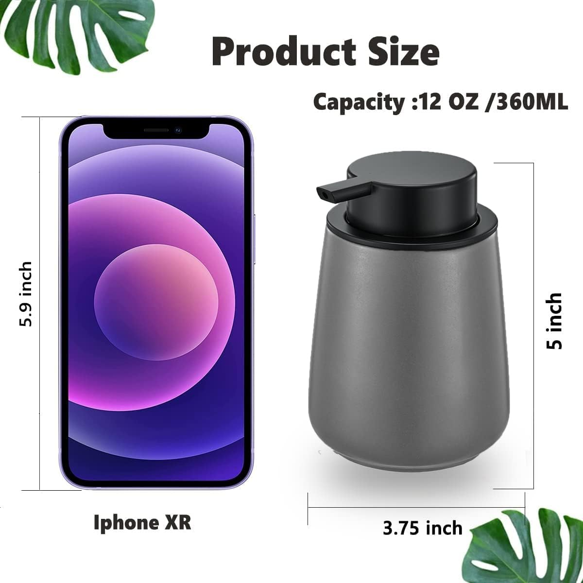 12Oz Grey Foaming Soap Dispenser - Ceramic Foam Hand Soap Dispenser with Easy-To-Press Black Pump, Refillable Bathroom Lotion Soap Dispenser, Dish Soap Dispenser for Kitchen Hand Wash Dispenser image number 2