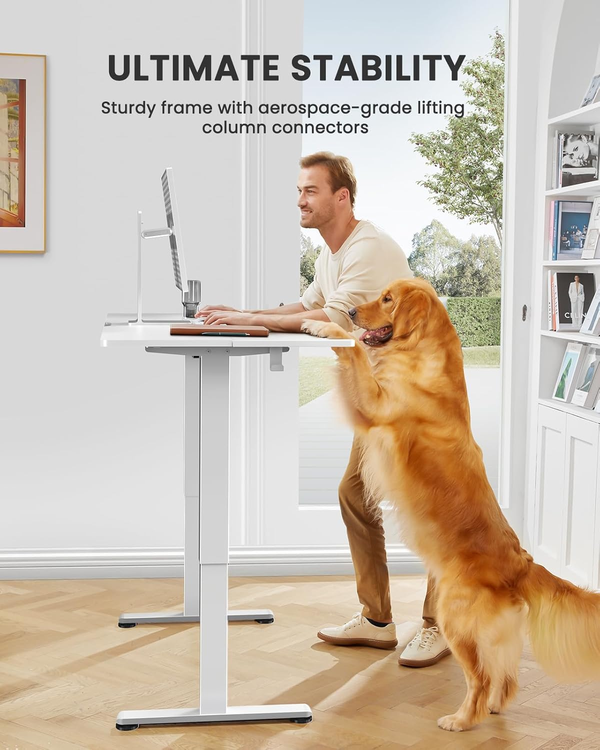 Ergear Electric Standing Desk, 140 X 70 Cm Standing Desk, Height Adjustable Desk with 3 Memory Height Settings, Sit Stand Desk with 2 Hanging Hooks & Cable Management (White)- EGESD6W