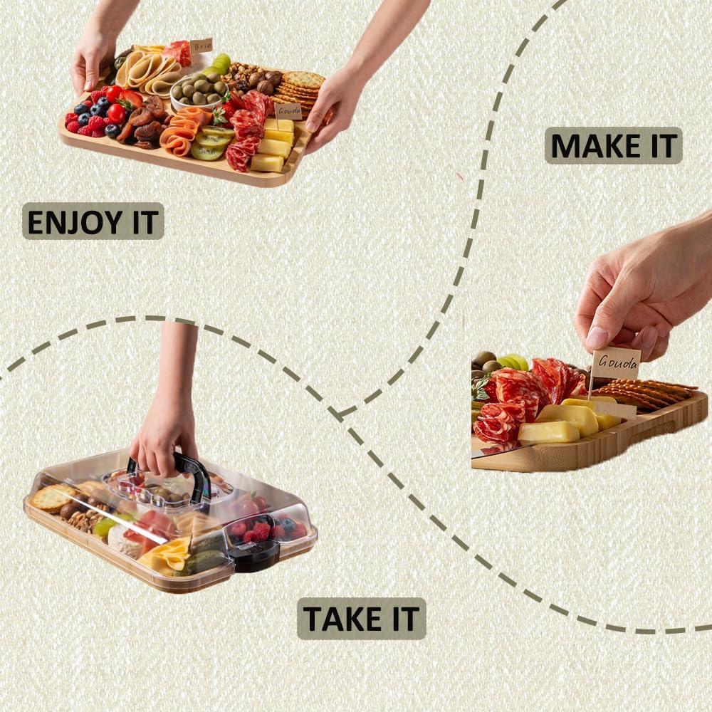 Premium Charcuterie Board Cheese Bamboo Board with Locking Lid Travel Cheese Board with Handle Snack Tray for Picnic Party Camping House Warming Gifts image number 3