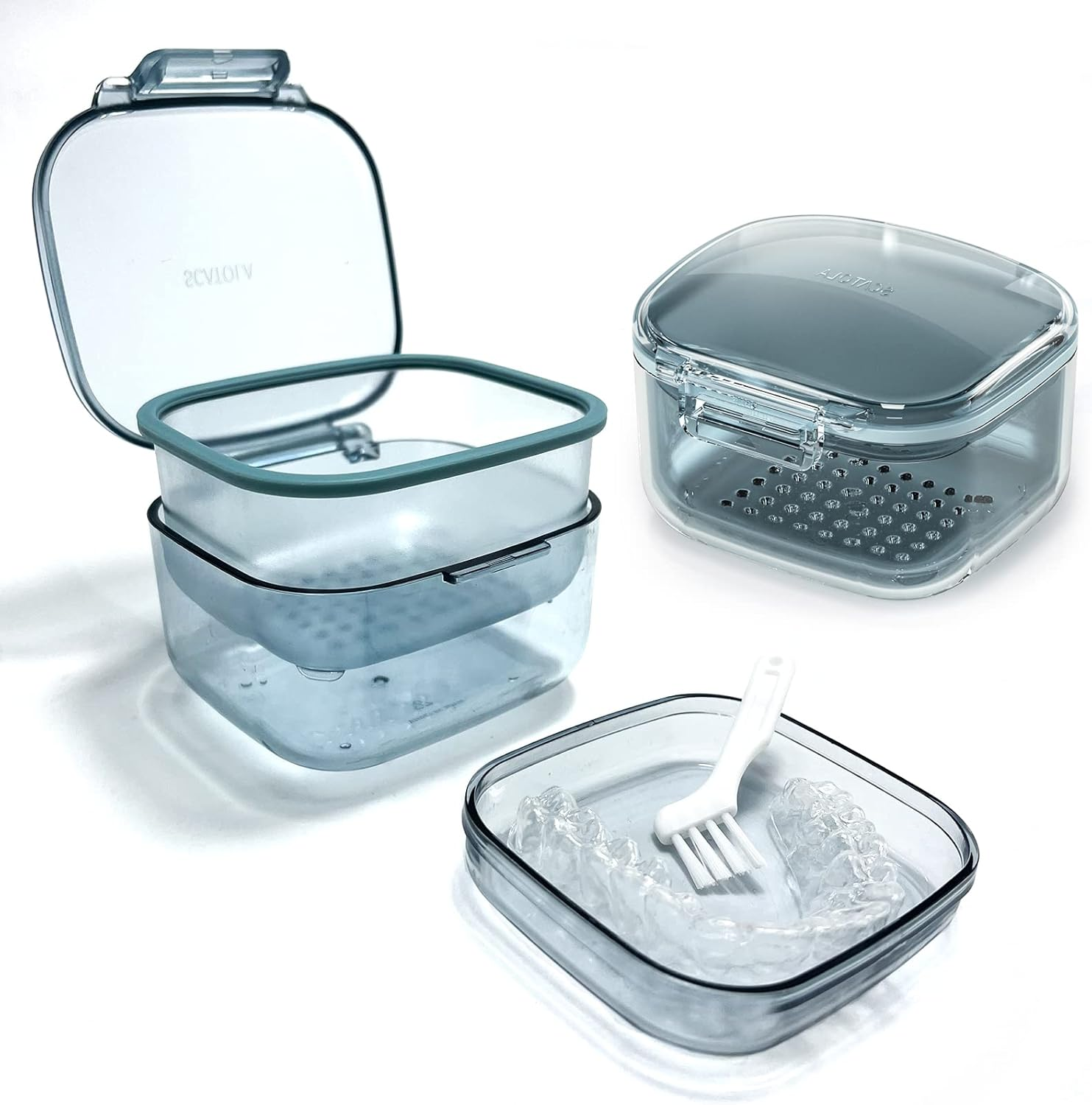 Denture Bath Cup, Denture Case,Retainer Cup,Three-Layer Retainer Case,Denture Cup, Mouth Guards Holder, Partial Denture Soak Container, Retainer Box Size:3.15 * 2.08 * 3.35(Black)