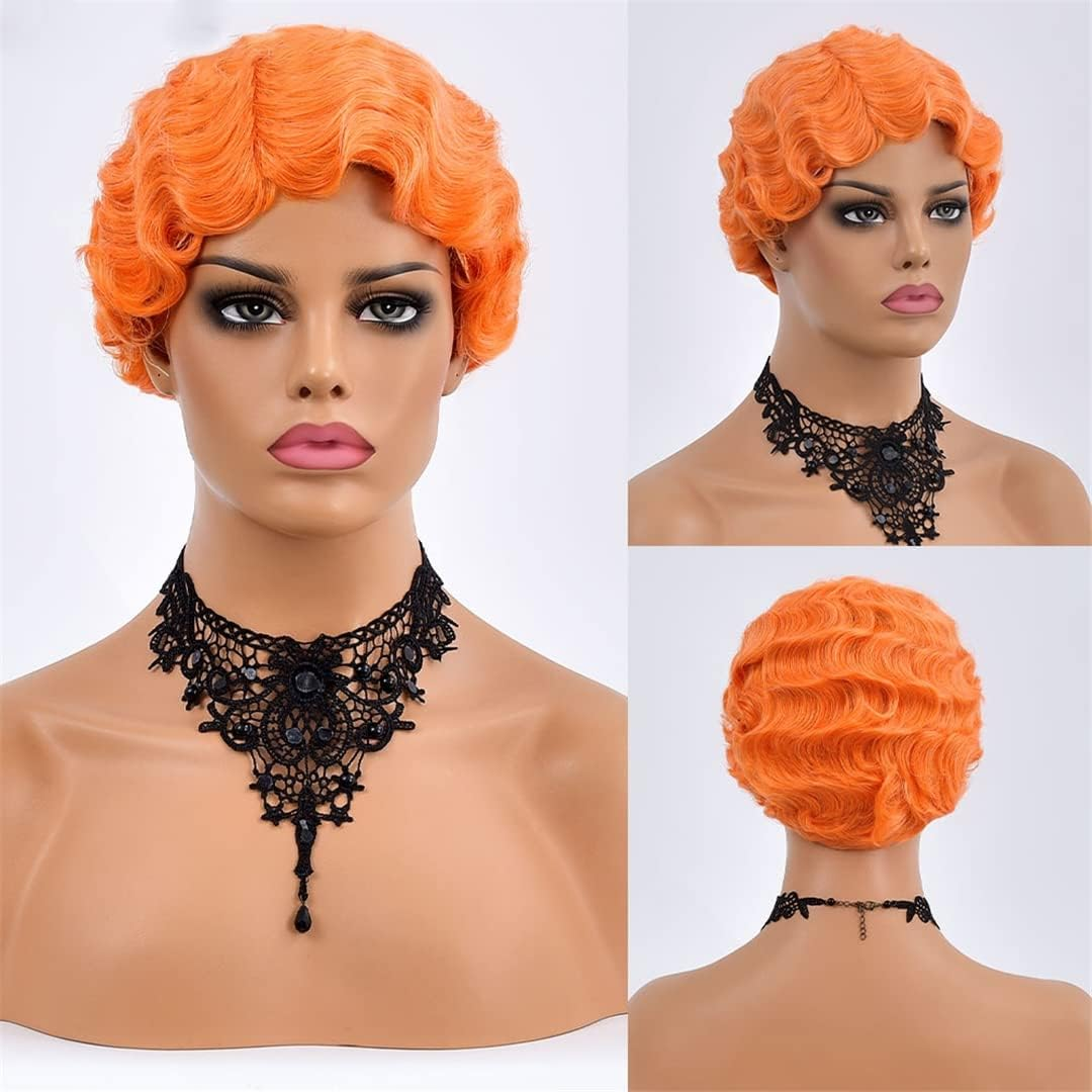 Orange Short Finger Wave Wig Vintage Synthetic Wigs for Black Women 6Inch Retro Curly Cosplay Halloween Party Hair TB107-2 image number 6