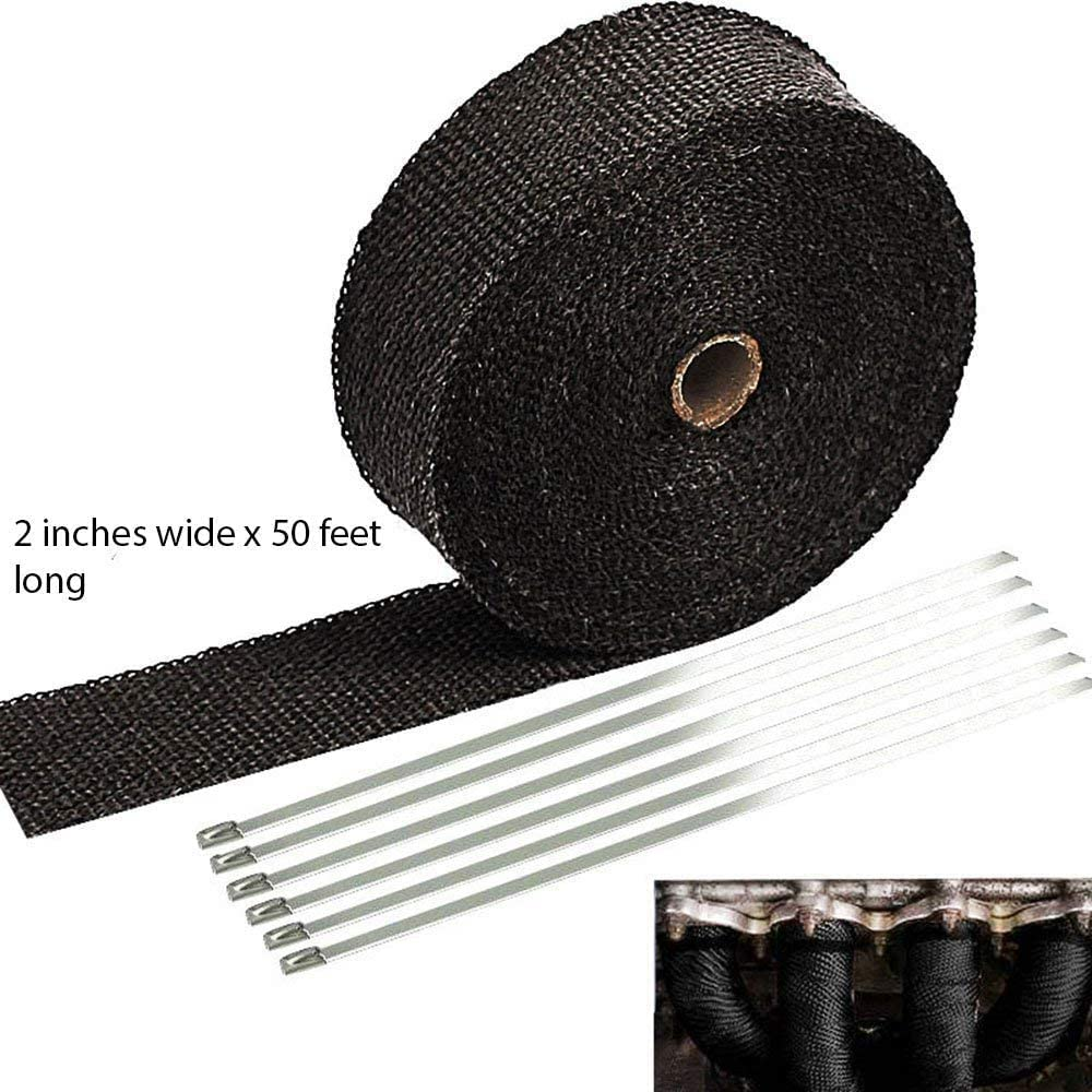 Sunplustrade 2" X 50' Black Exhaust Heat Wrap Roll for Motorcycle Fiberglass Heat Shield Tape with Stainless Ties image number 6
