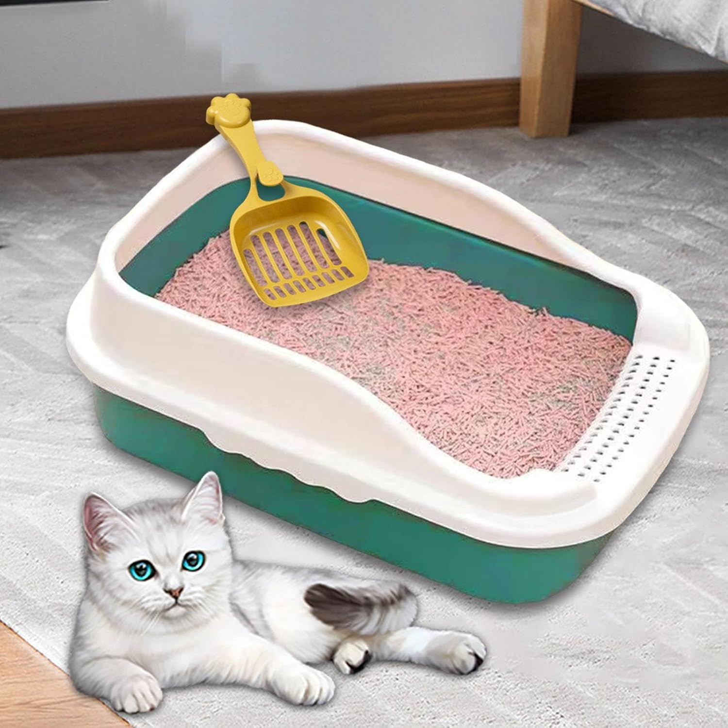Fenteer Cat Litter Box Potty Toilet Toilette Sand Box Container Pet Litter Tray Pan with Litter Sifting Spoon for Small Animals, Green M 31X21X16Cm image number 2