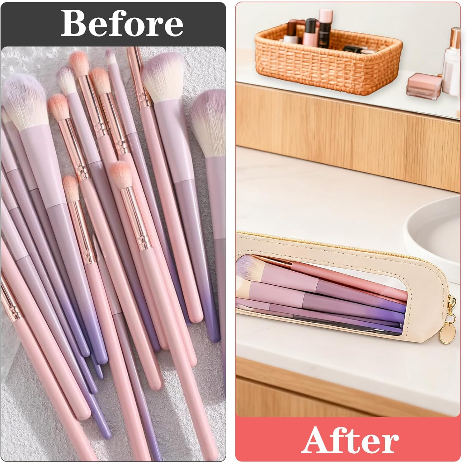 Small Clear Makeup Bag, PU Leather Travel Makeup Brush Case Portable Transparent Waterproof Cosmetic Organizer Pouch with Zipper for Women Home Travel Office Makeup Storage image number 6