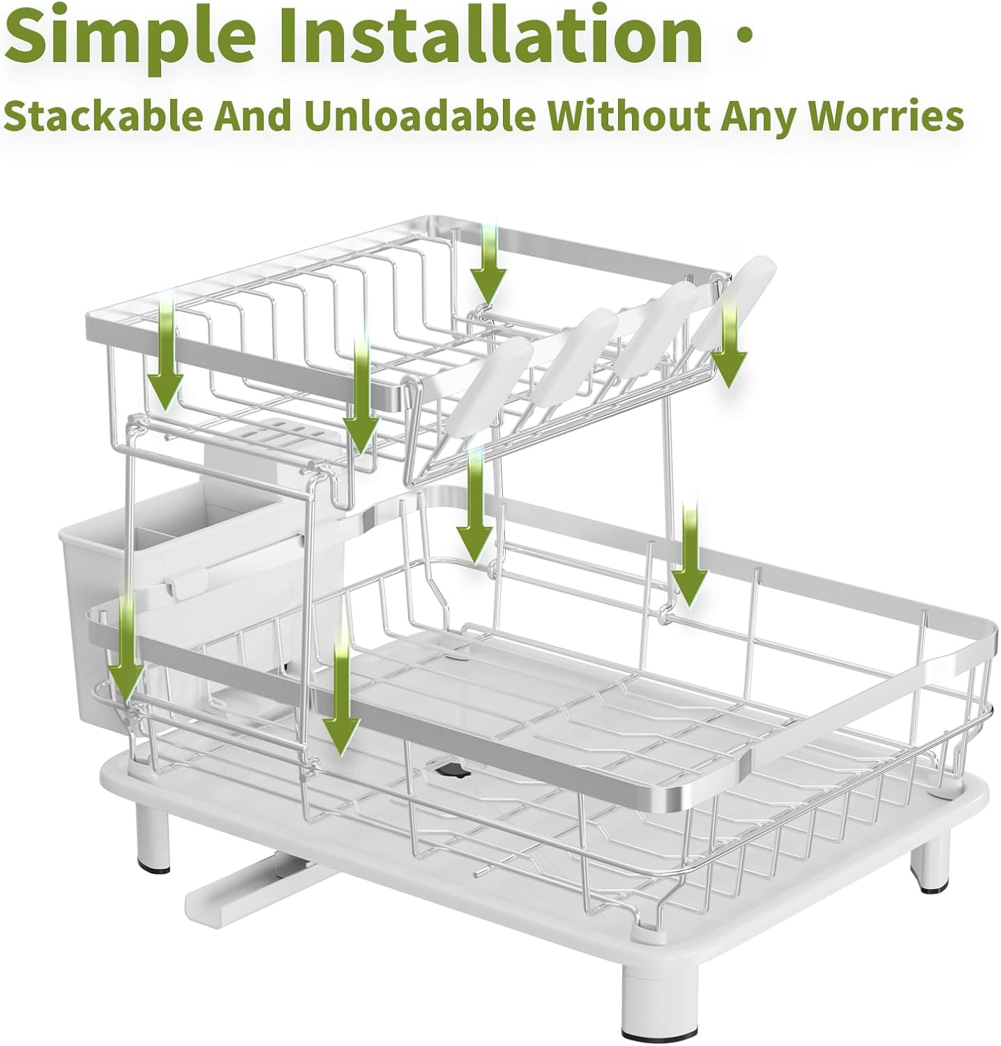 Sandream Dish Drying Rack, 2 Tier Large Dish Rack, Stainless Steel Dish Drainer for Kitchen Counter, Dish Rack with Draining Tray & Cutlery Utensil Holder (White) - Grey image number 7