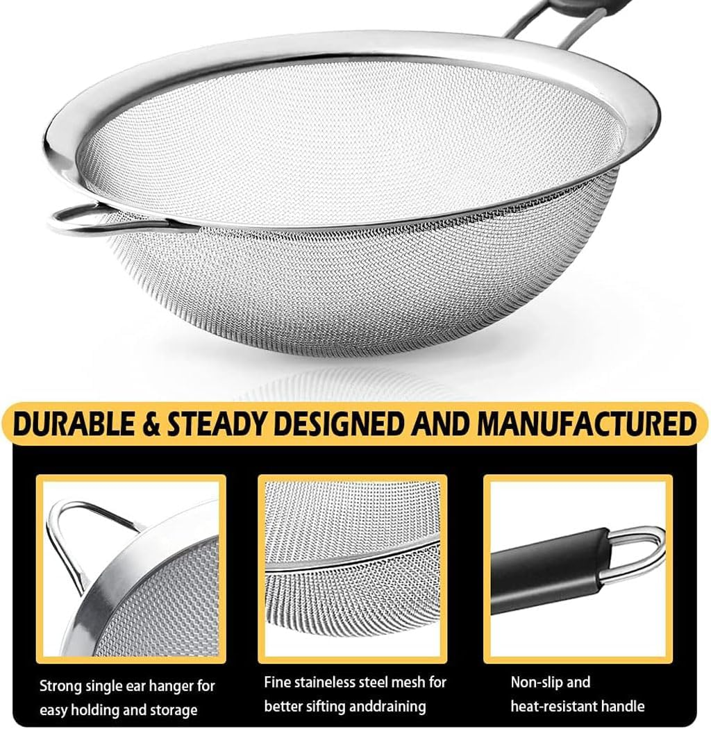 Idopick Fine Mesh Strainers Set of 3,Stainless Steel Strainers Wire Sieve Sifter with Insulated Handle Strainers for Kitchen Gadgets Tools Baking Tools Colander, Food Preparation, Flour Sifter, Rice image number 6