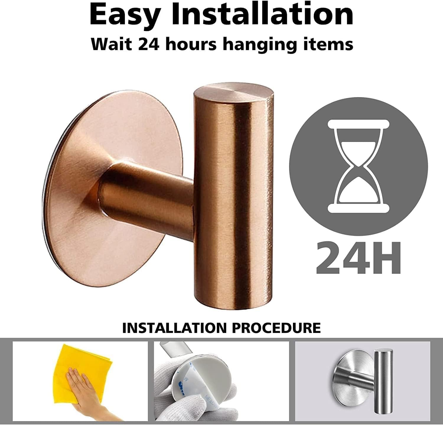 YUET 2 Pcs Bathroom Towel Hook Adhesive,Stick on Metal Coat Hooks Robe Hook SUS 304 Stainless Steel Heavy Duty Door Hanger Towel Robe Clothes Closet Sponges Holder for Bathroom Hotel (Rose Gold) image number 3