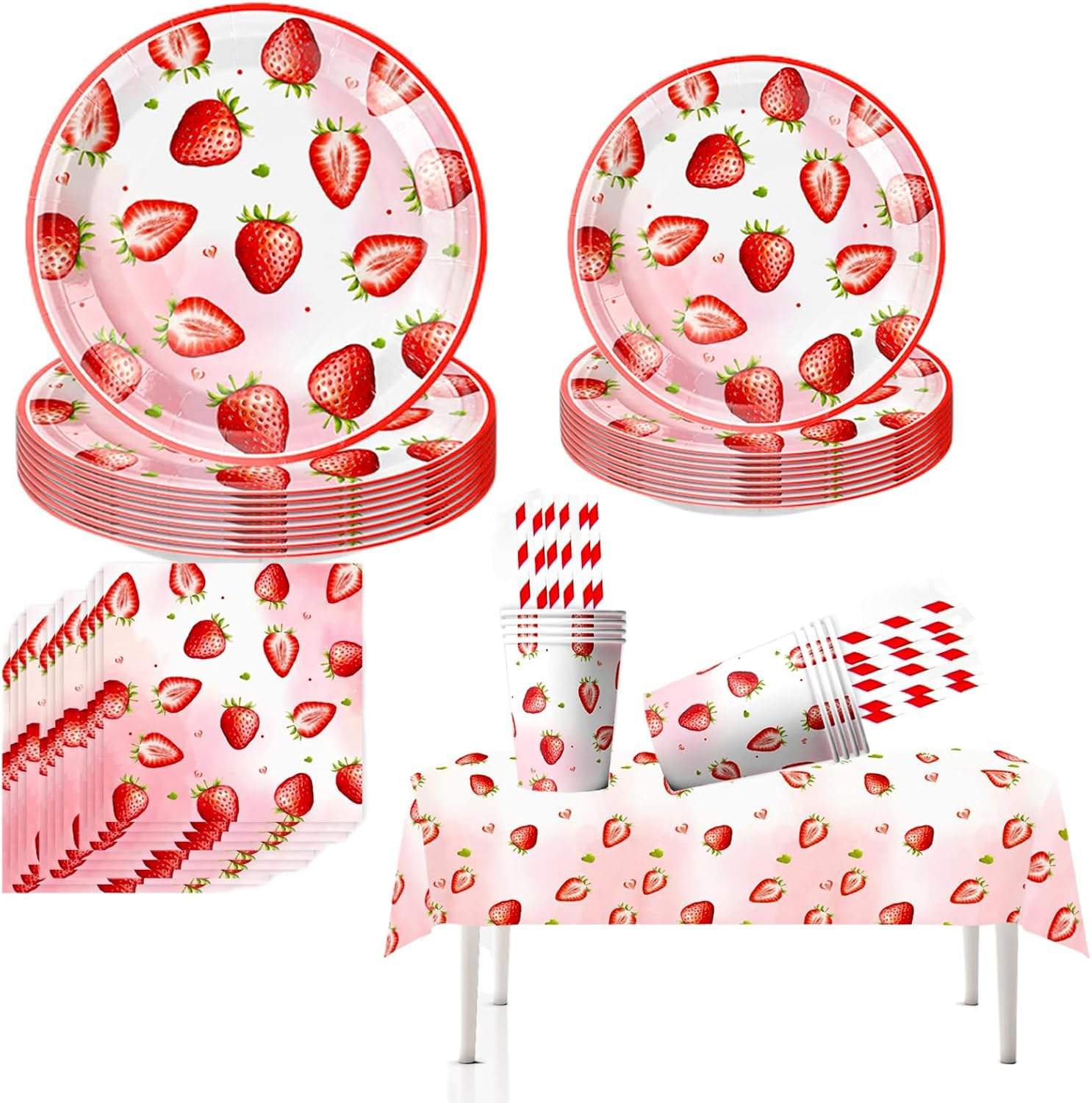 61PCS Strawberry Theme Birthday Tableware Set - Strawberry Decorations, Camping Party Supplies - Paper Plate, Cup, Napkin, Tablecloth, Fruit Party Table Decor image number 1