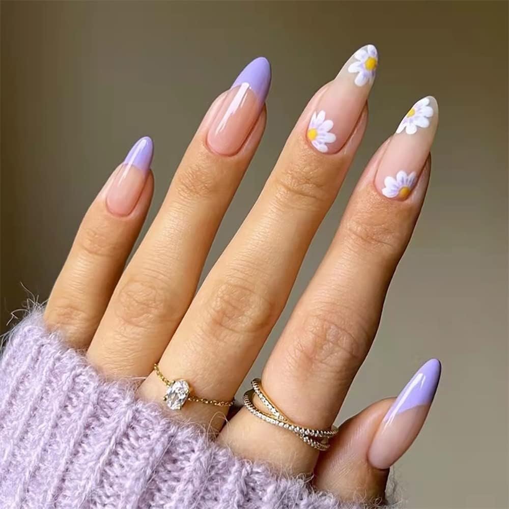 Artificial Nails for Gluing, Flower Press on Nails Almond Long French Sunflower Summer Nails for Gluing Long for Women and Girls (Pack of 24) image number 2