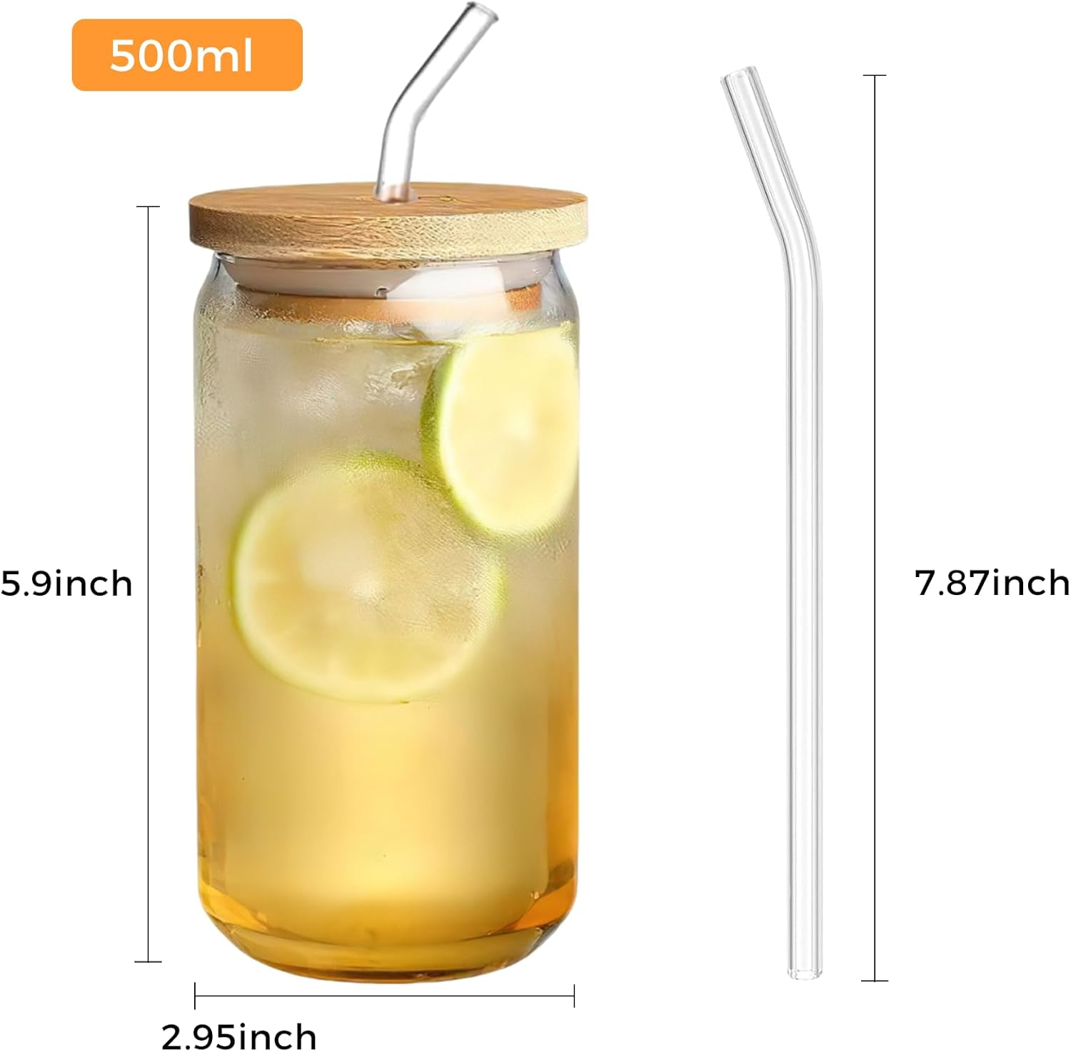 2Pcs Cup with Straw, Drinking Glasses with Bamboo Lids and Glass Straw, 17 Oz Can Shaped Glass, Smoothie Cup, Ideal for Drinks, Coffee, Cocktails, Whiskey image number 2