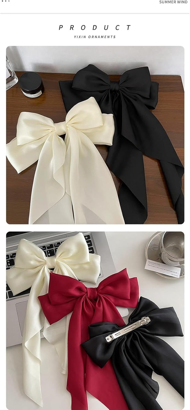 Ownkim Set of 2 Hair Bows for Women Silky Satin - Large Elegant Hair Clips for Women and Girls, Black and White image number 2