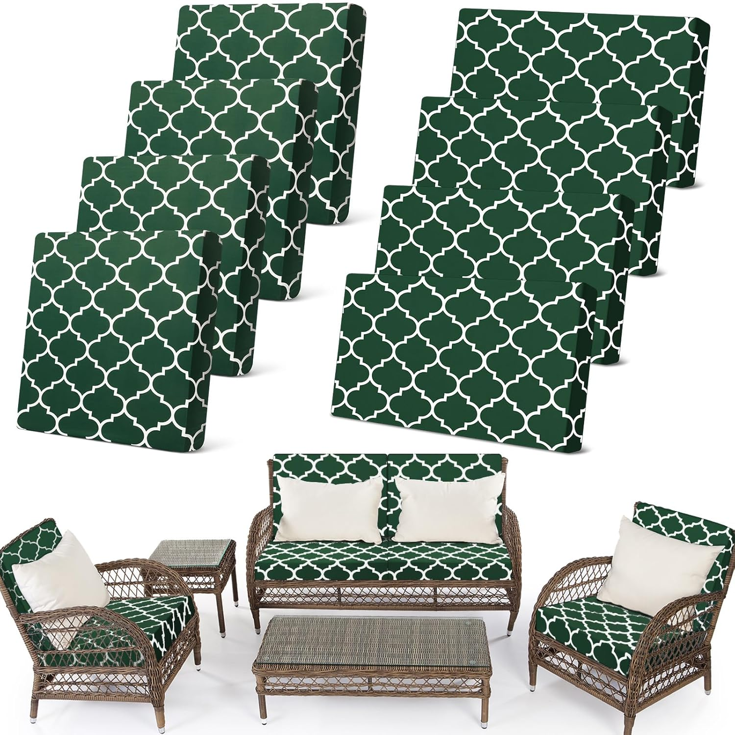 Newwiee 8 Pcs Stretch Patio Outdoor Cushion Covers Waterproof Replacement Sofa Couch Covers for 4 Backrests and 4 Cushions Washable Lawn Garden Seat Furniture Protector(Dark Green)