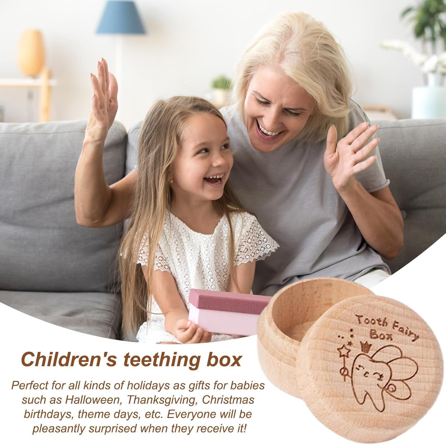 Baby Tooth Box - Cute Carved Wooden Box, Tooth Keepsake Box for Baby Teeth, Carved Box for Lost Teeth, Cute Wooden Tooth Storage Organizer, Baby Tooth Container for Kids | Fairy Gift, Baby - Raw Wood Color 1 image number 2