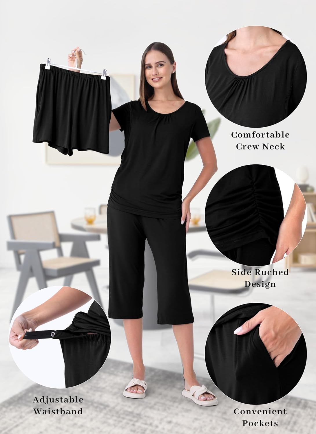 3 Piece Maternity Nursing Pajamas Set for Women Breastfeeding Shirts Pjs Postpartum Shorts&Capri Pants Pockets image number 6