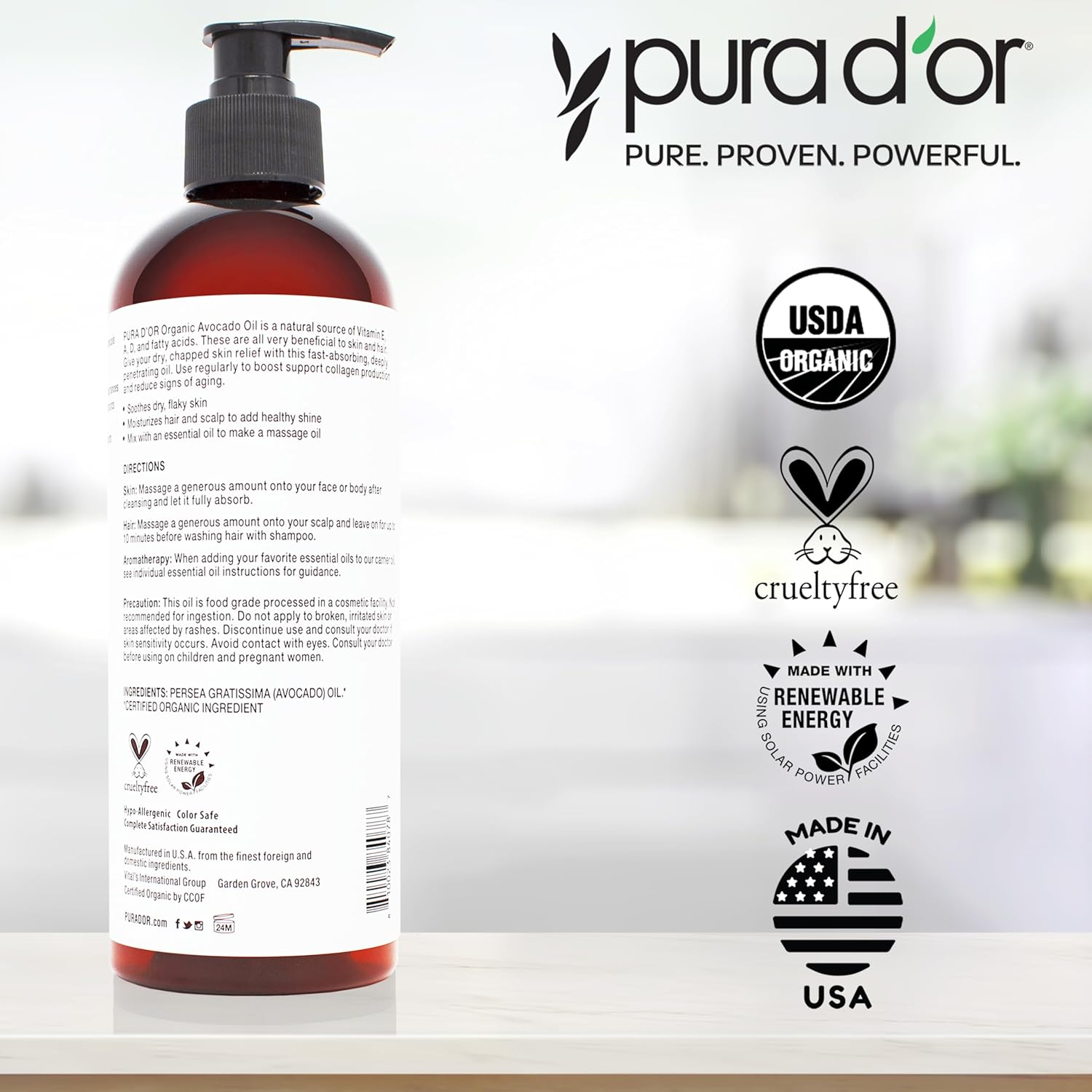 PURA D'OR 16 Oz ORGANIC Avocado Oil - 100% Pure & Natural USDA Certified Cold Pressed Carrier Oil for DIY Beauty, Non-Greasy, Unscented, Hexane Free Liquid Moisturizer - Face Skin & Hair - Men & Women