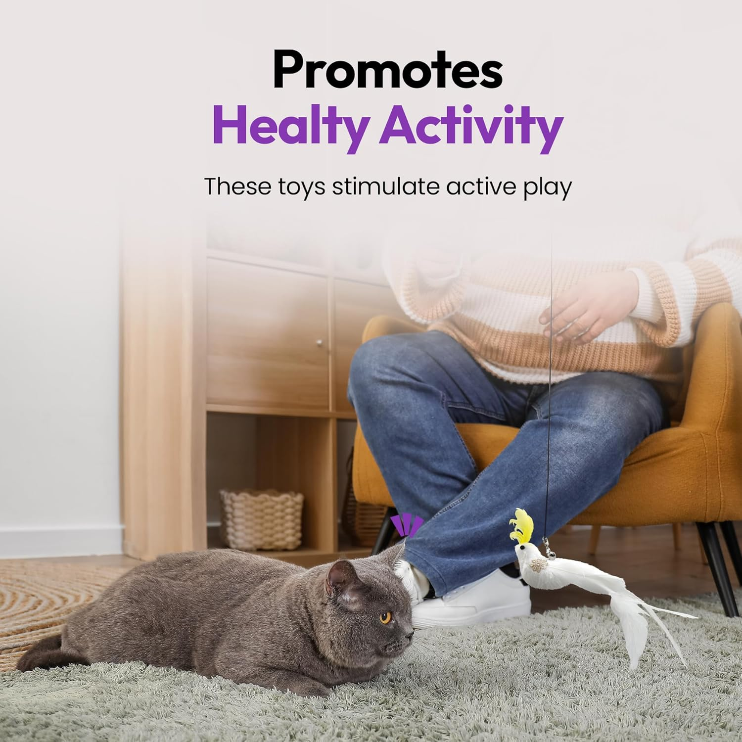 PURRZ Feather Toy Attachments for Cats, 5-Pack &ndash; Natural Cockatoo-Like Bird Feather Refills for Interactive Cat Play &ndash; Safe and Durable Indoor Cat Toys image number 2