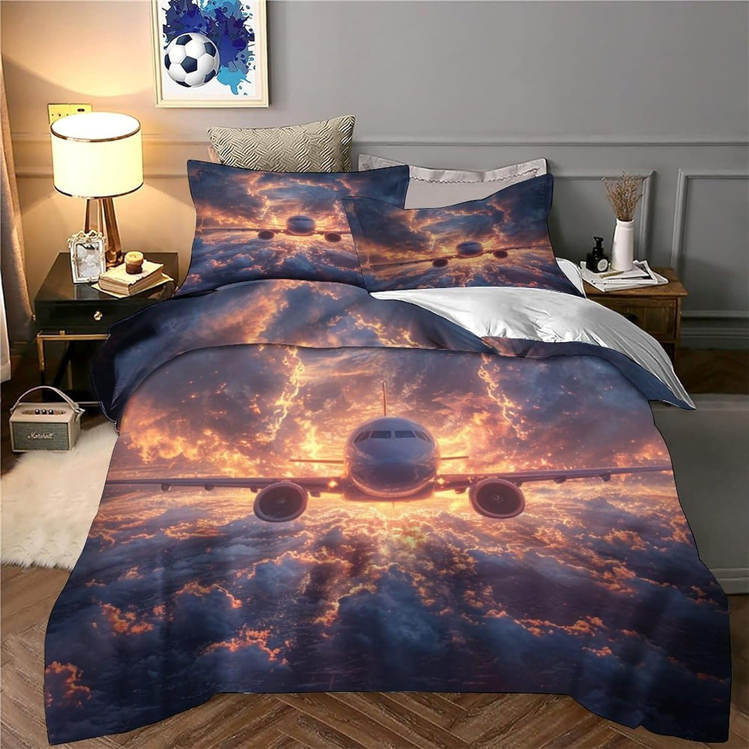 3Pcs Aeroplane 3D Printed Duvet Cover Set Microfiber Boys Girls Bedding Comforter Quilt Cover with Pillowcases Comforter Cover with Zipper,Queen（210X210Cm）