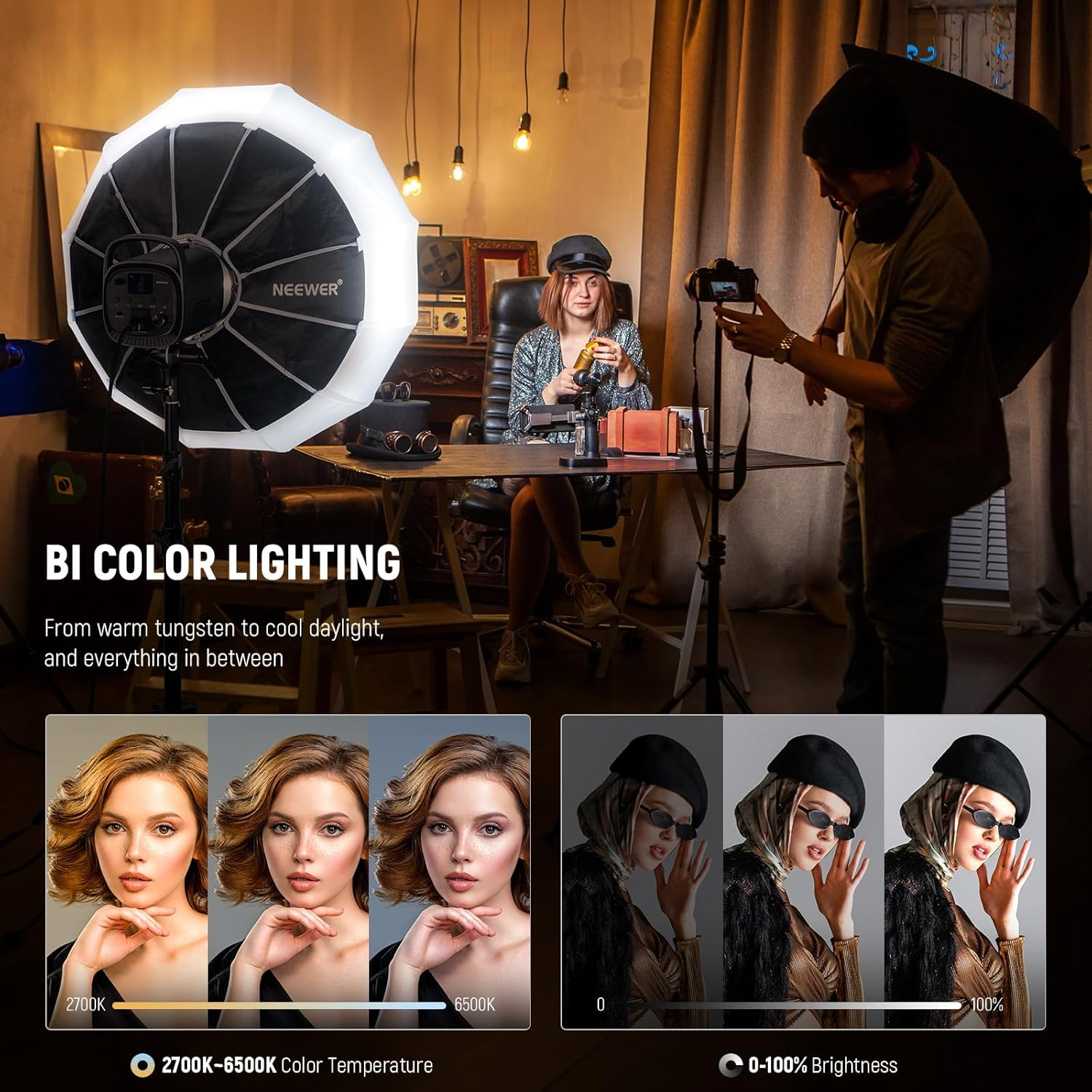 NEEWER CB120B 120W LED Video Light with 2.4G&APP Control COB Bi Color 2700K-6500K 78000Lux at 1M/Cct Mode/Cri97/12 Scenes/Bowens Mount Continuous Output Lighting for Studio Photography/Video Recording image number 3